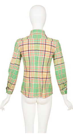 1970s Green Plaid Wool Pointed Collar Button-Up Shirt