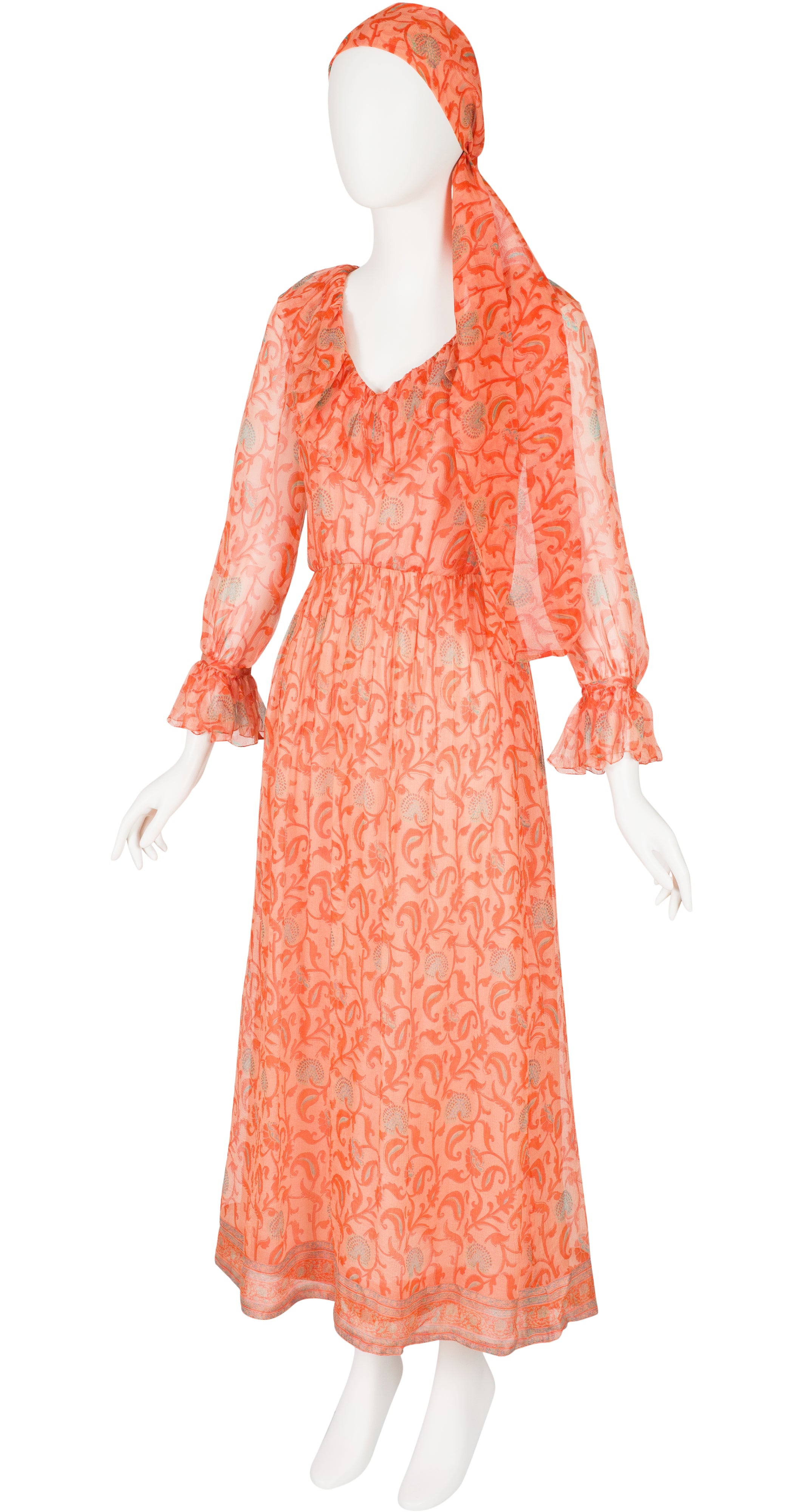 1970s Orange Floral Print Silk Chiffon Ruffle Collar Dress