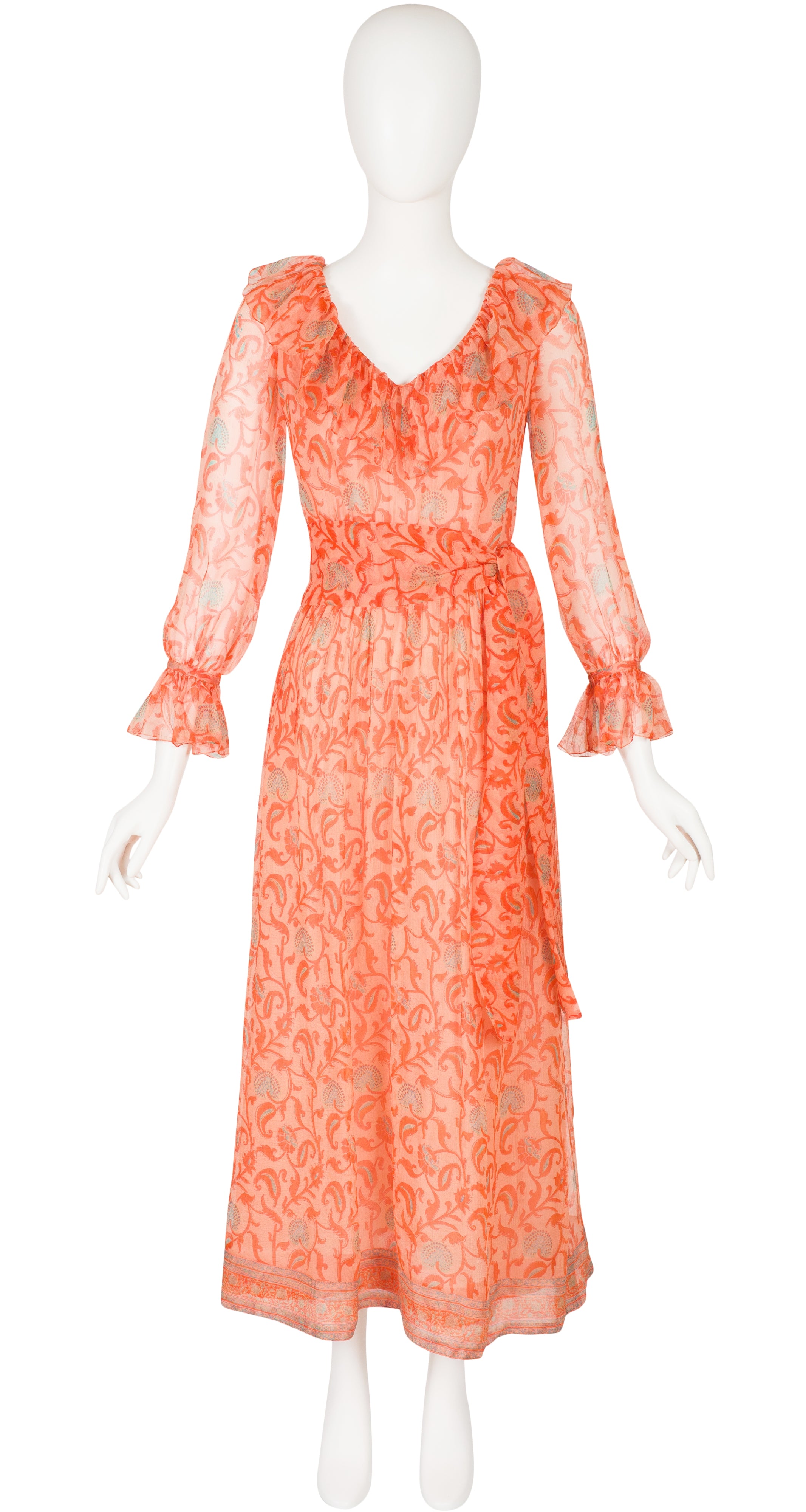 1970s Orange Floral Print Silk Chiffon Ruffle Collar Dress