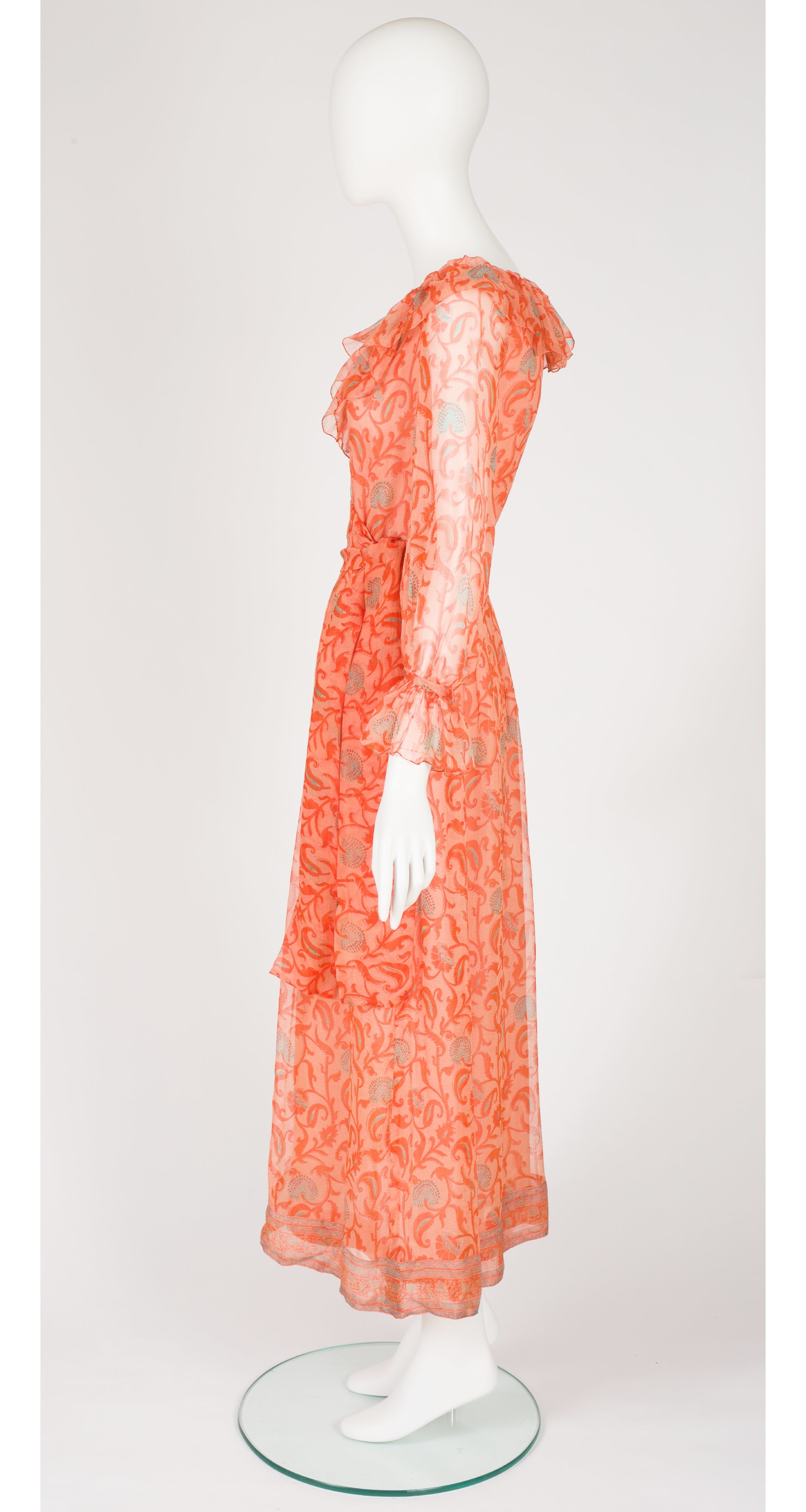 1970s Orange Floral Print Silk Chiffon Ruffle Collar Dress