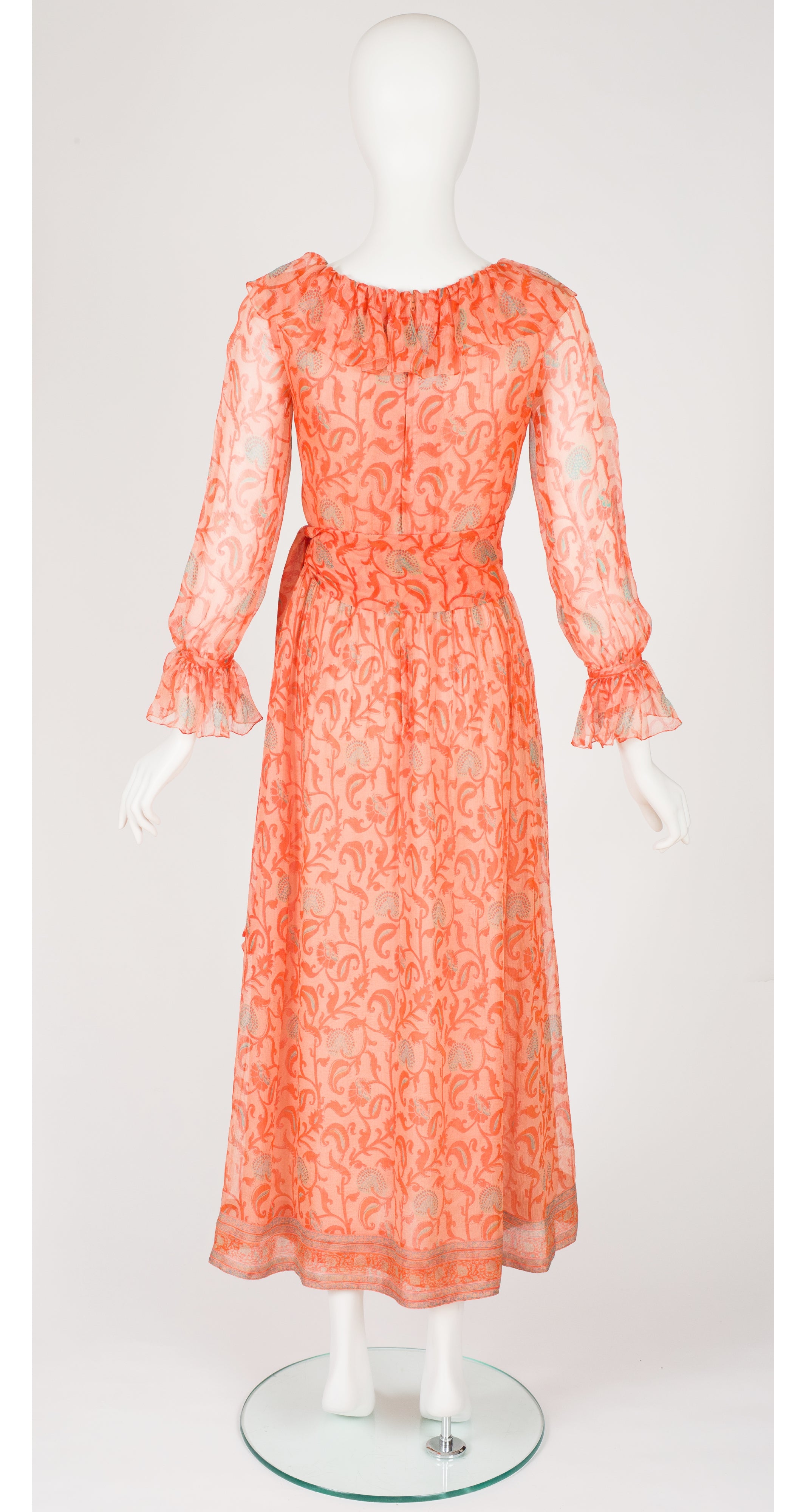 1970s Orange Floral Print Silk Chiffon Ruffle Collar Dress