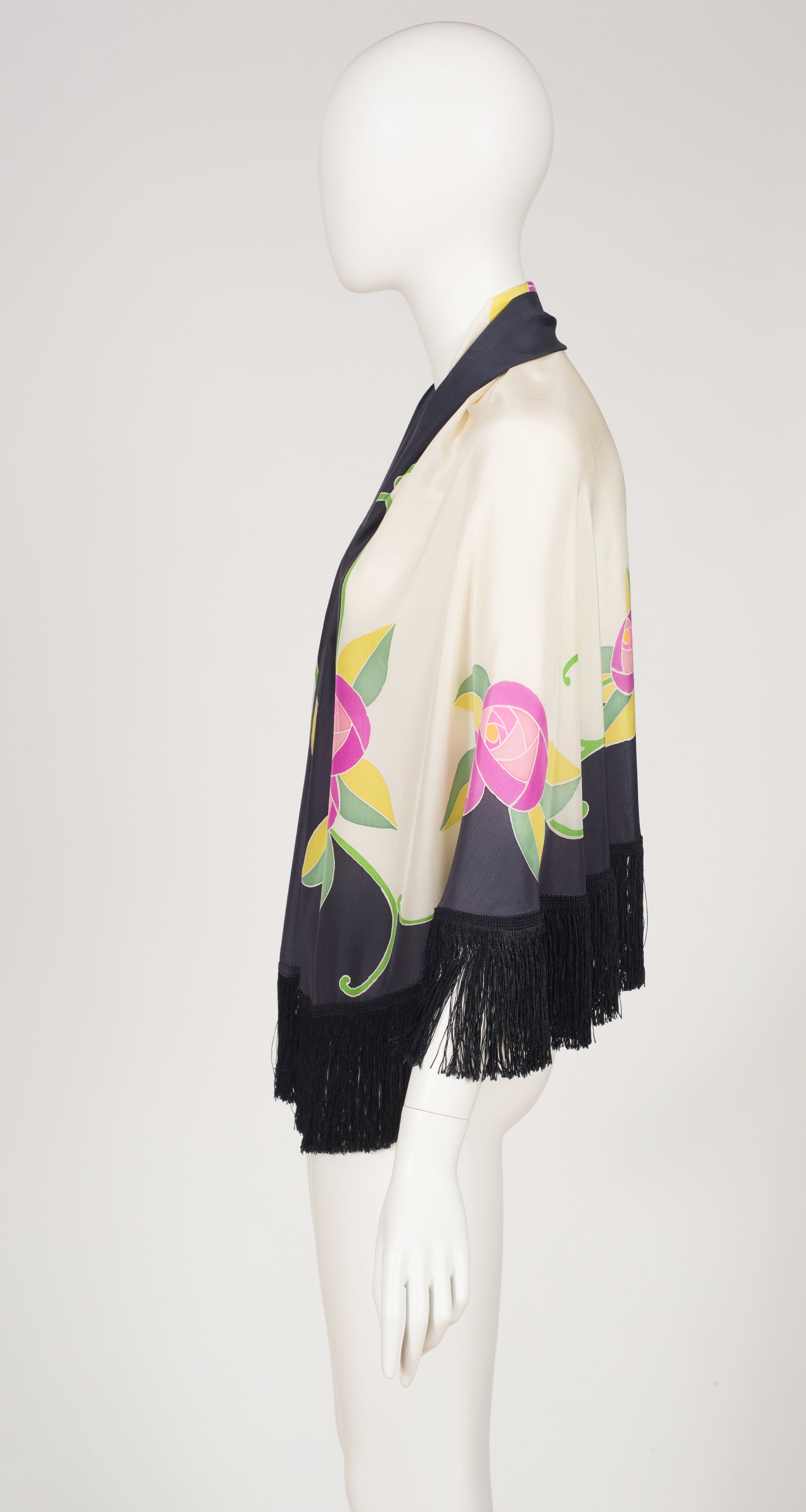 Art Deco Floral Hand-Painted Silk Fringe Shawl