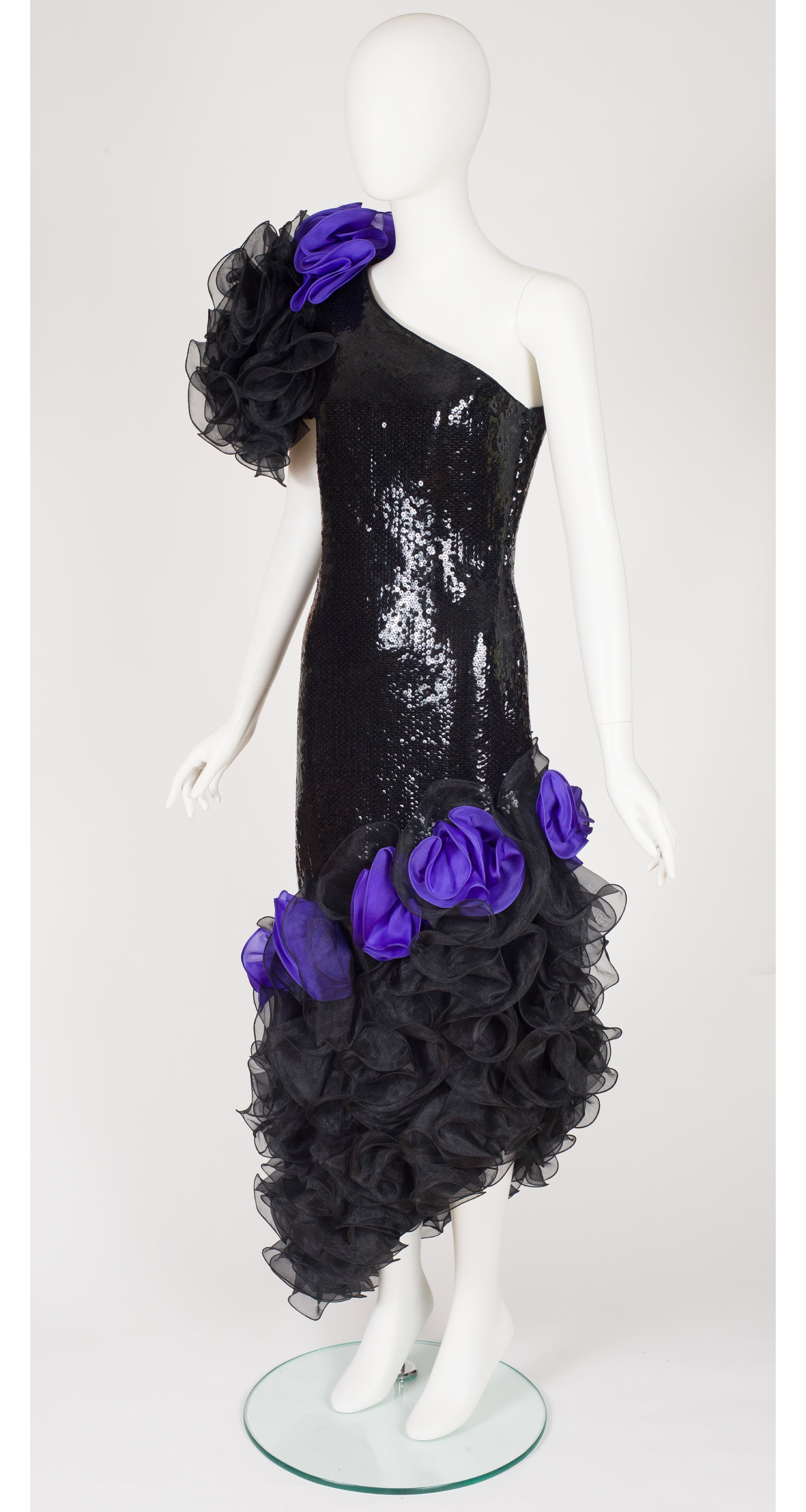 1988 Documented Black Sequin Ruffle One-Shoulder Gown