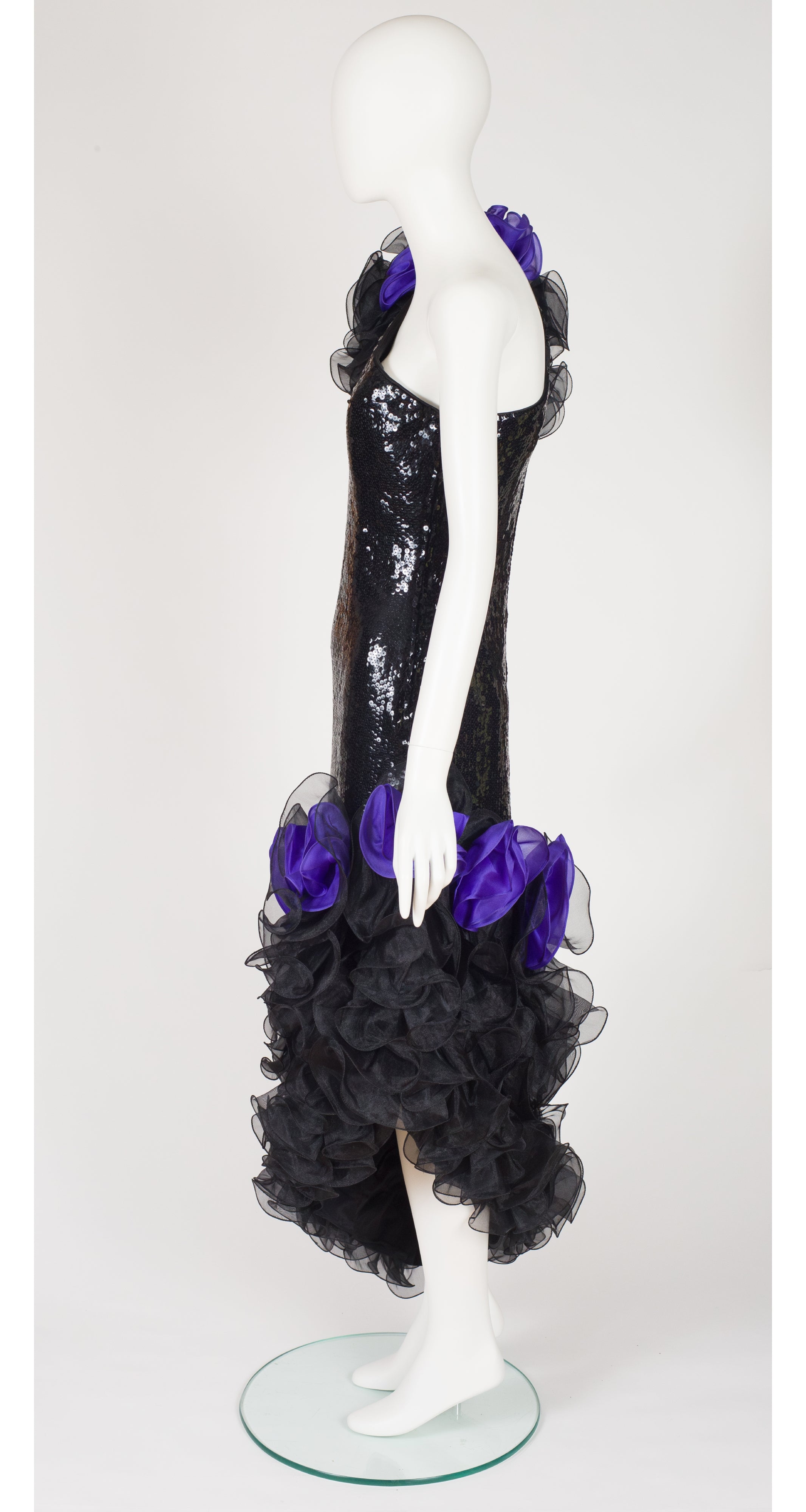 1988 Documented Black Sequin Ruffle One-Shoulder Gown