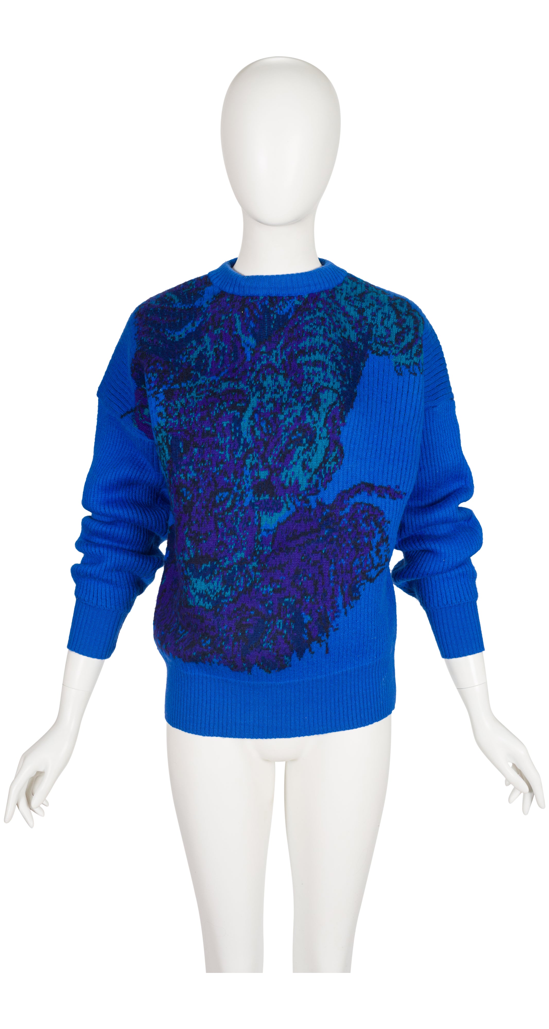 1980s Abstract Tiger Print Blue Ribbed Wool Sweater