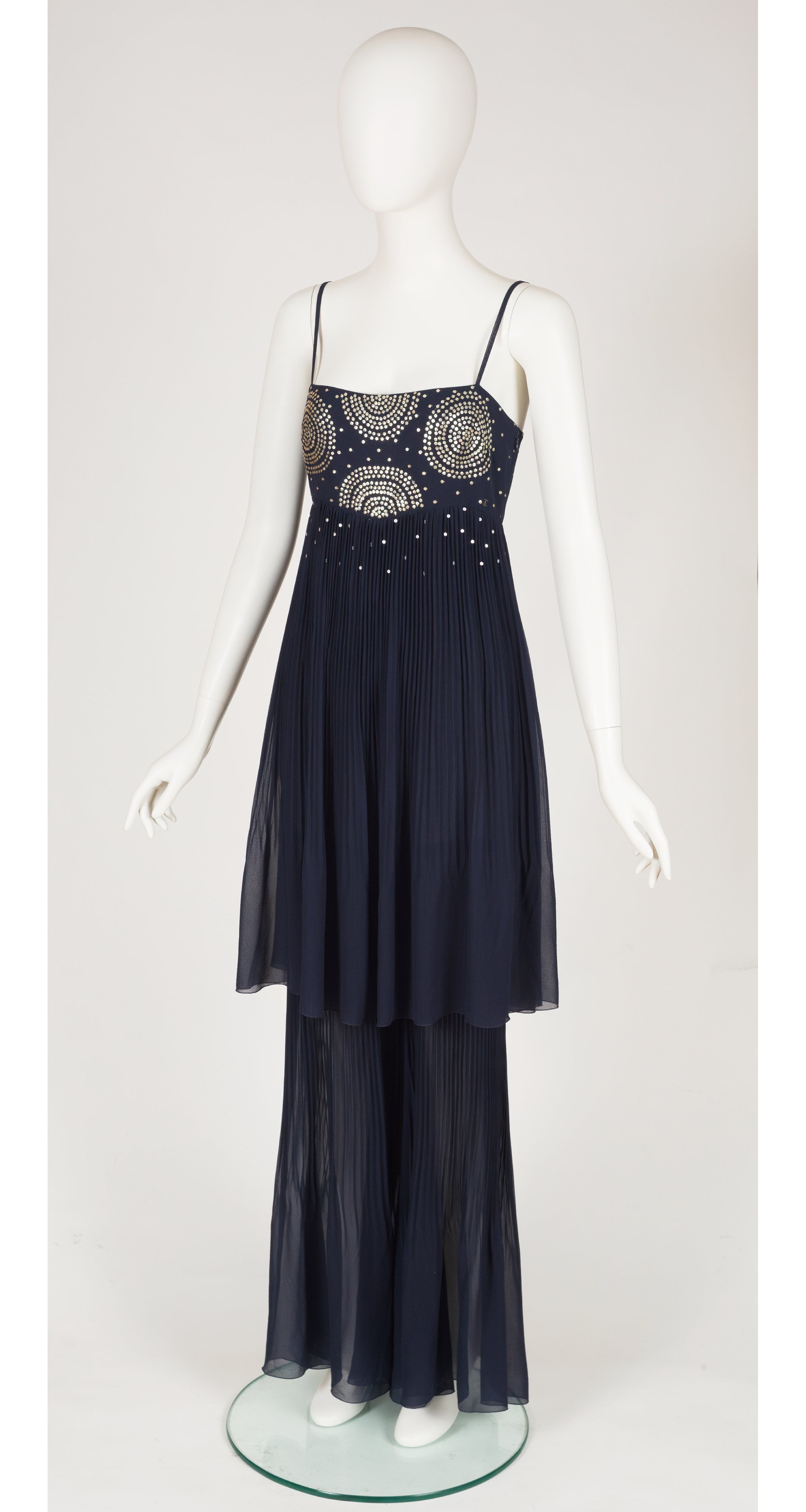 2000-01 F/W Sequin Navy Silk Chiffon Pleated Jumpsuit