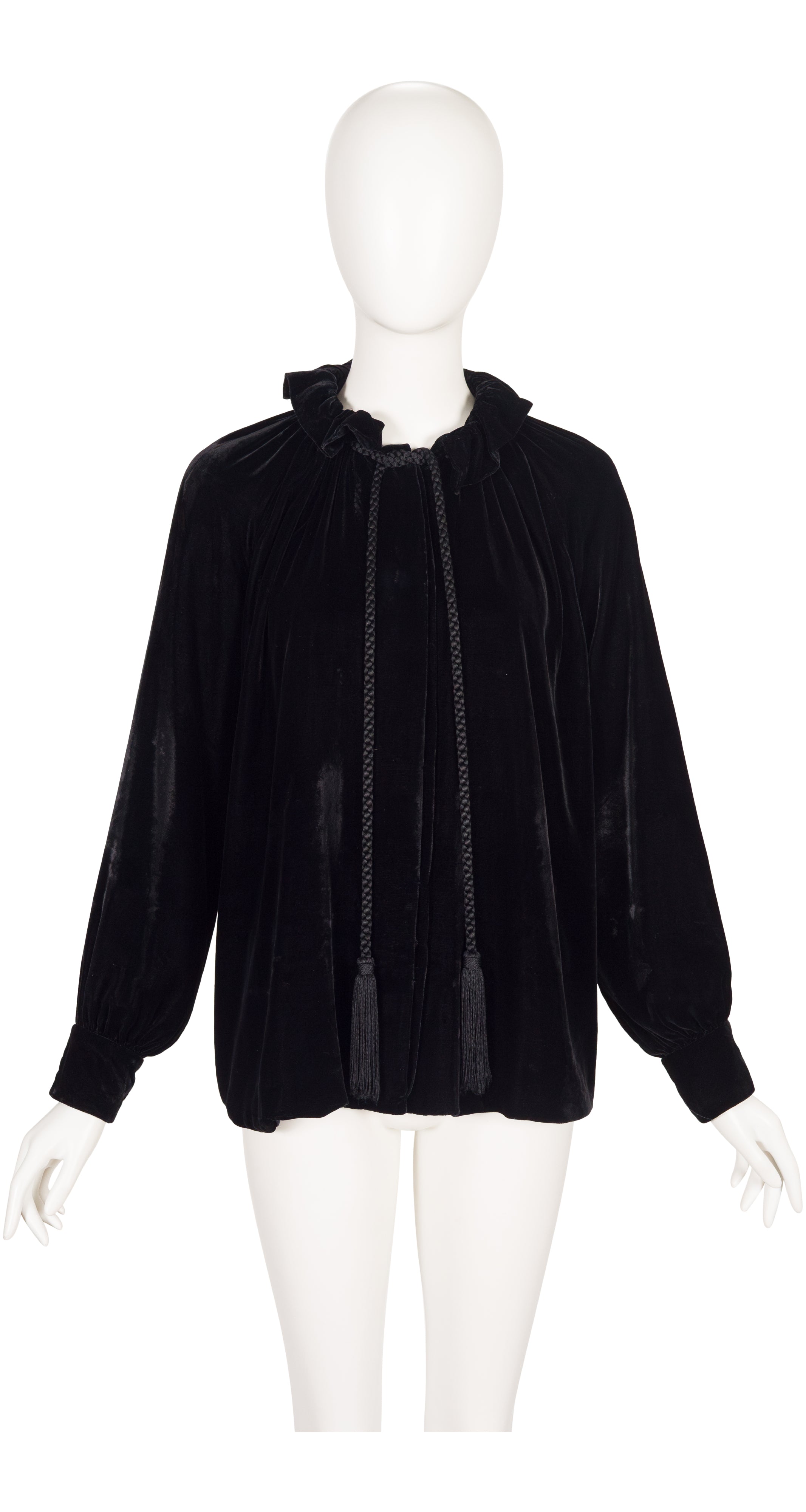 Front of 2012 Gucci black velvet tassel blouse on mannequin