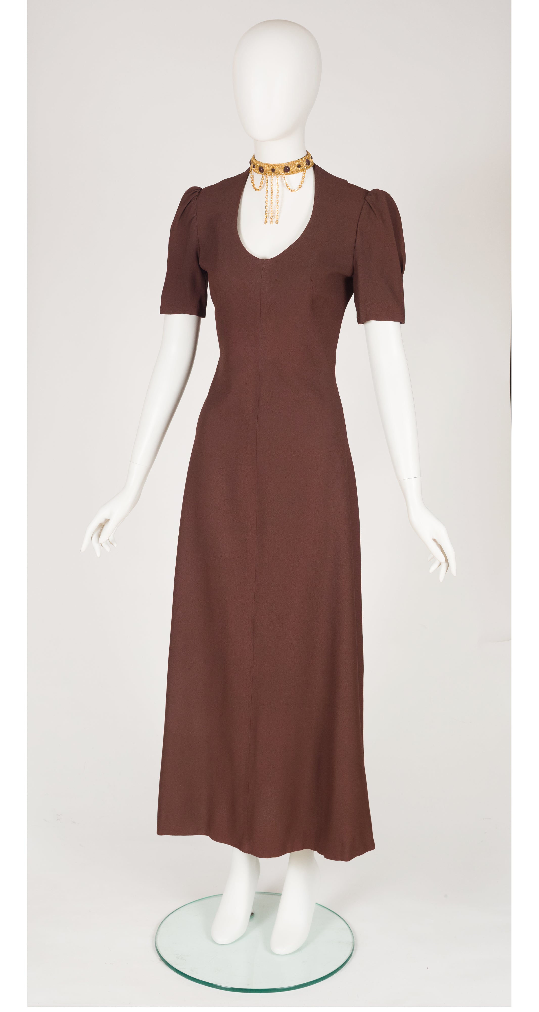 1970s Gold Chain Choker Brown Crepe Maxi Dress