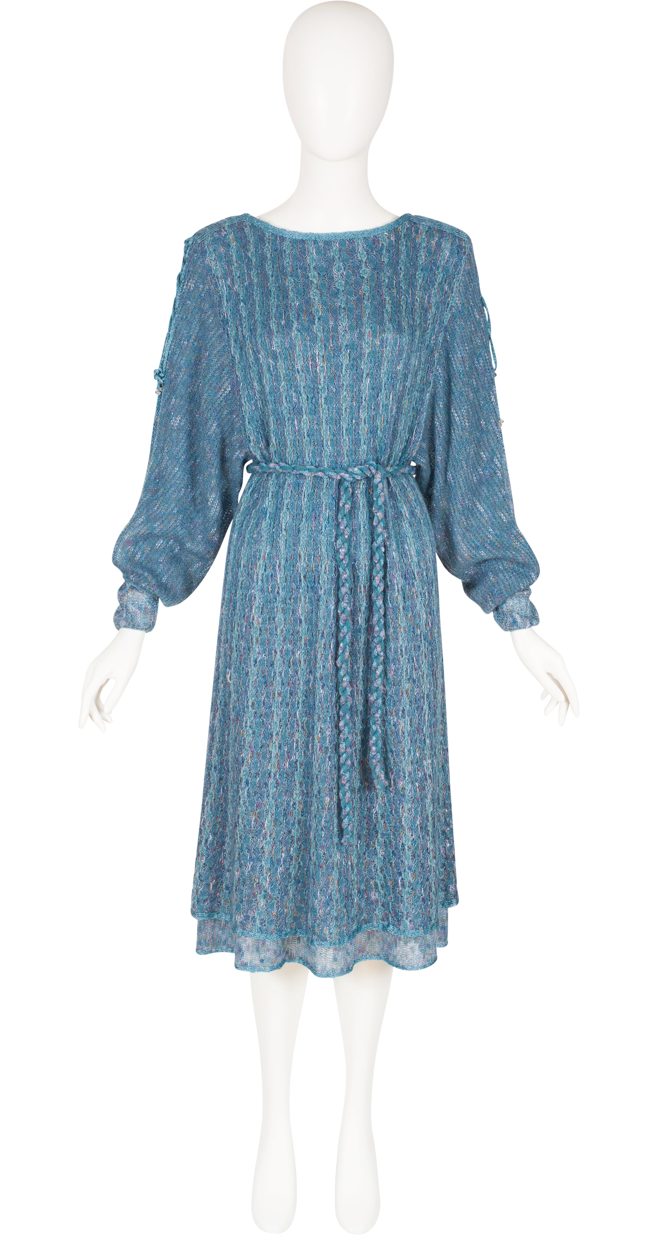 1970s Blue Wool Knit Dolman Sleeve Belted Dress
