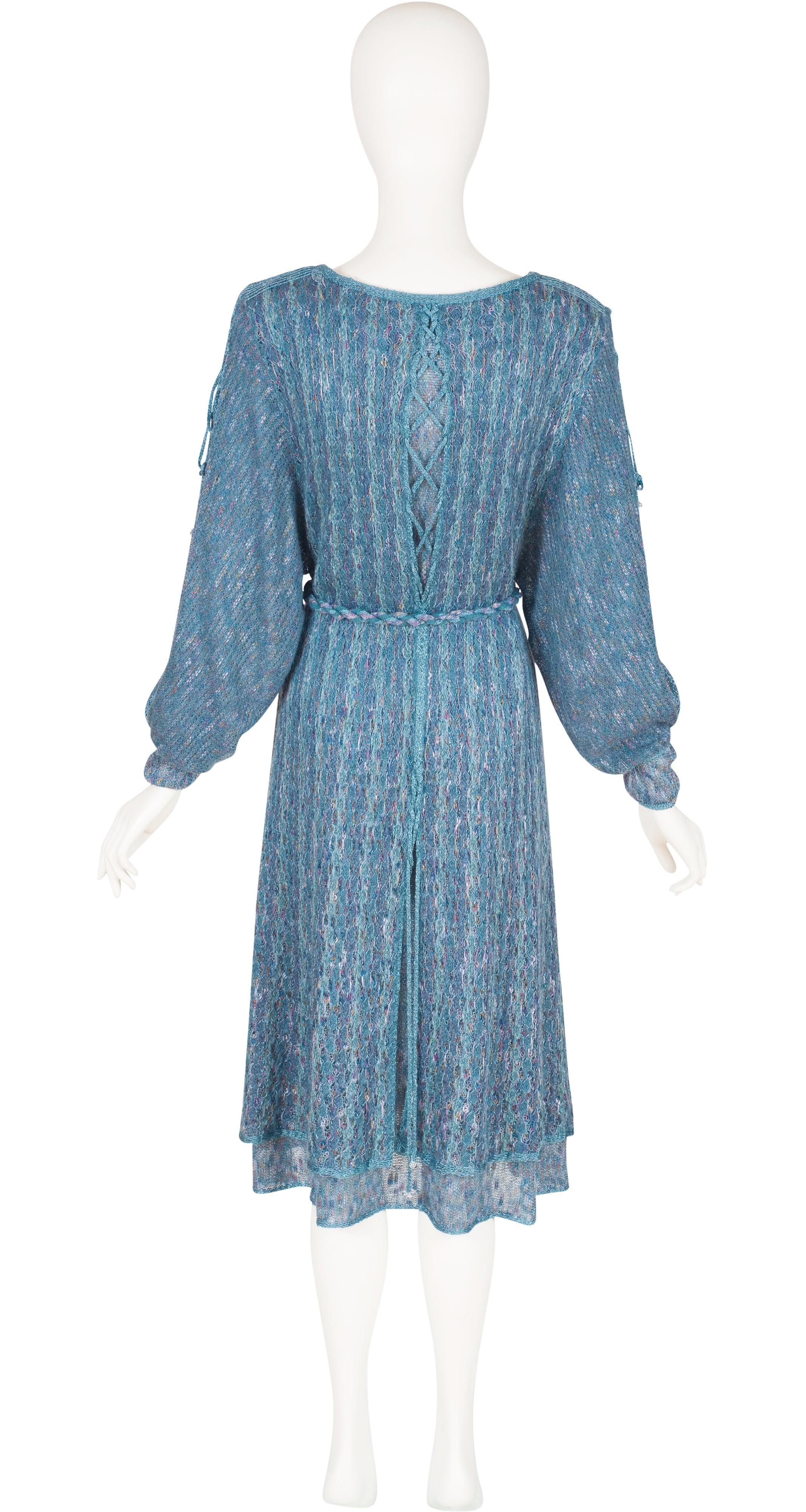 1970s Blue Wool Knit Dolman Sleeve Belted Dress