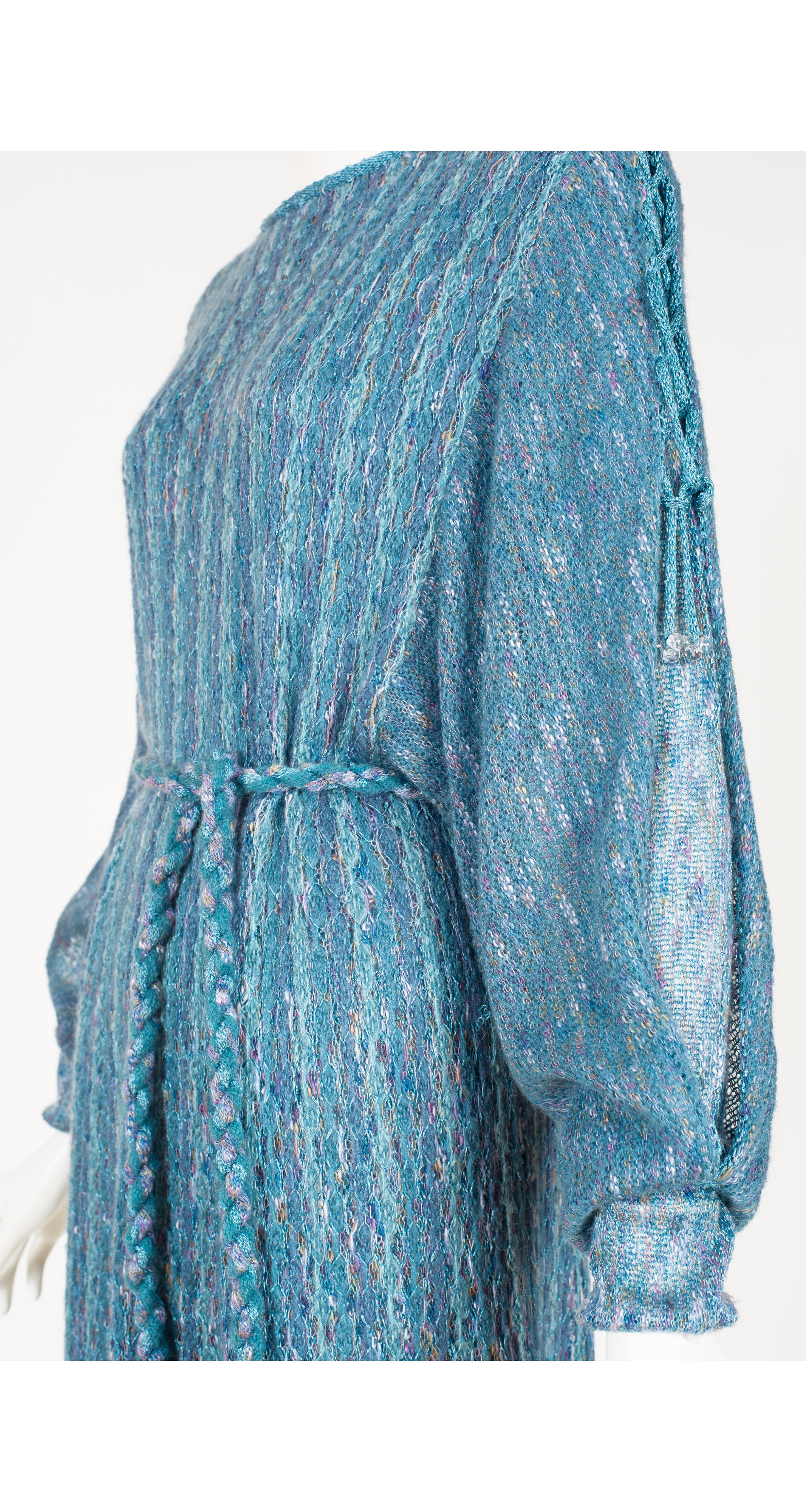 1970s Blue Wool Knit Dolman Sleeve Belted Dress