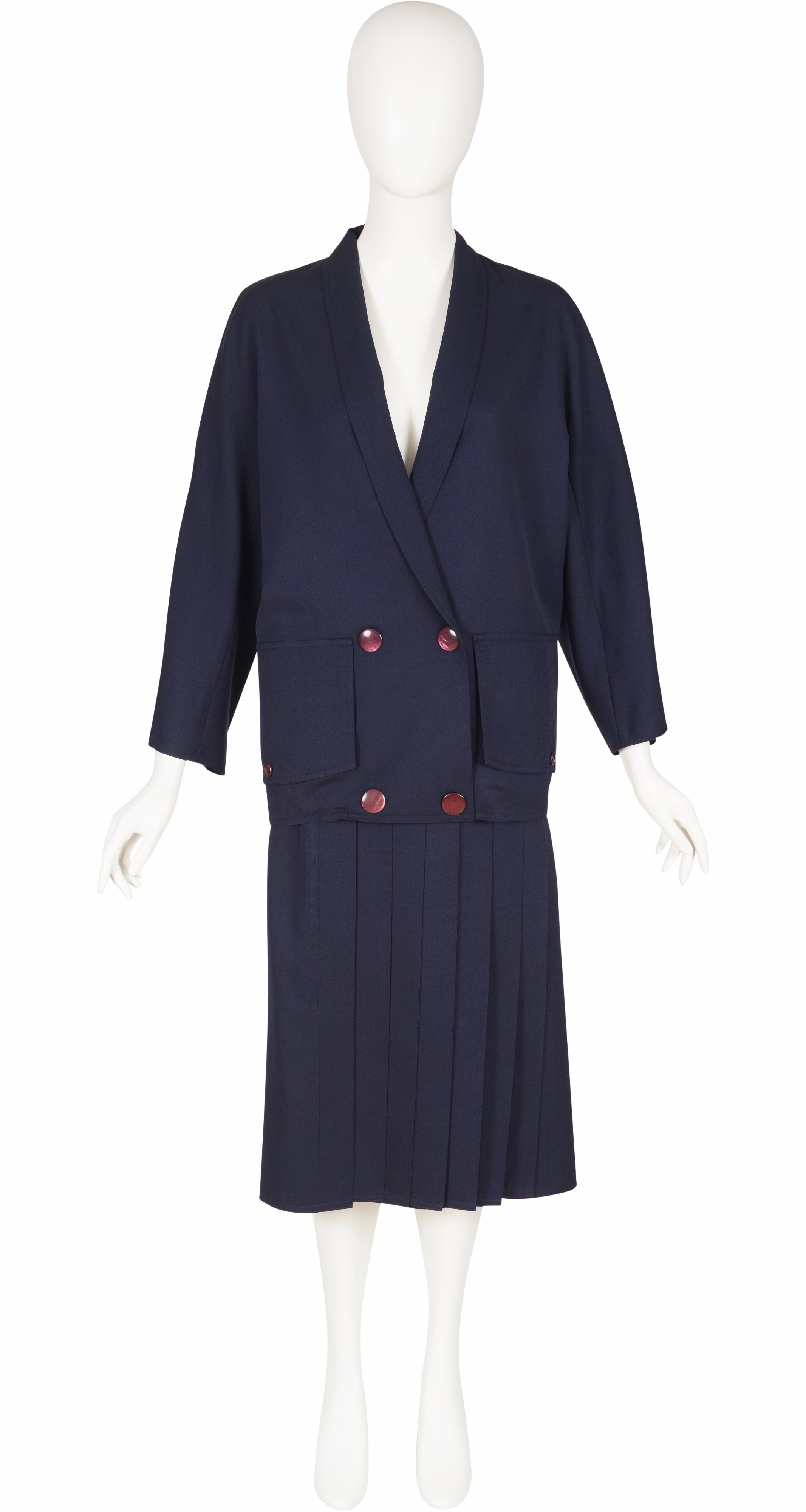 1980s Navy Wool Gabardine Pleated Skirt & Jacket Set