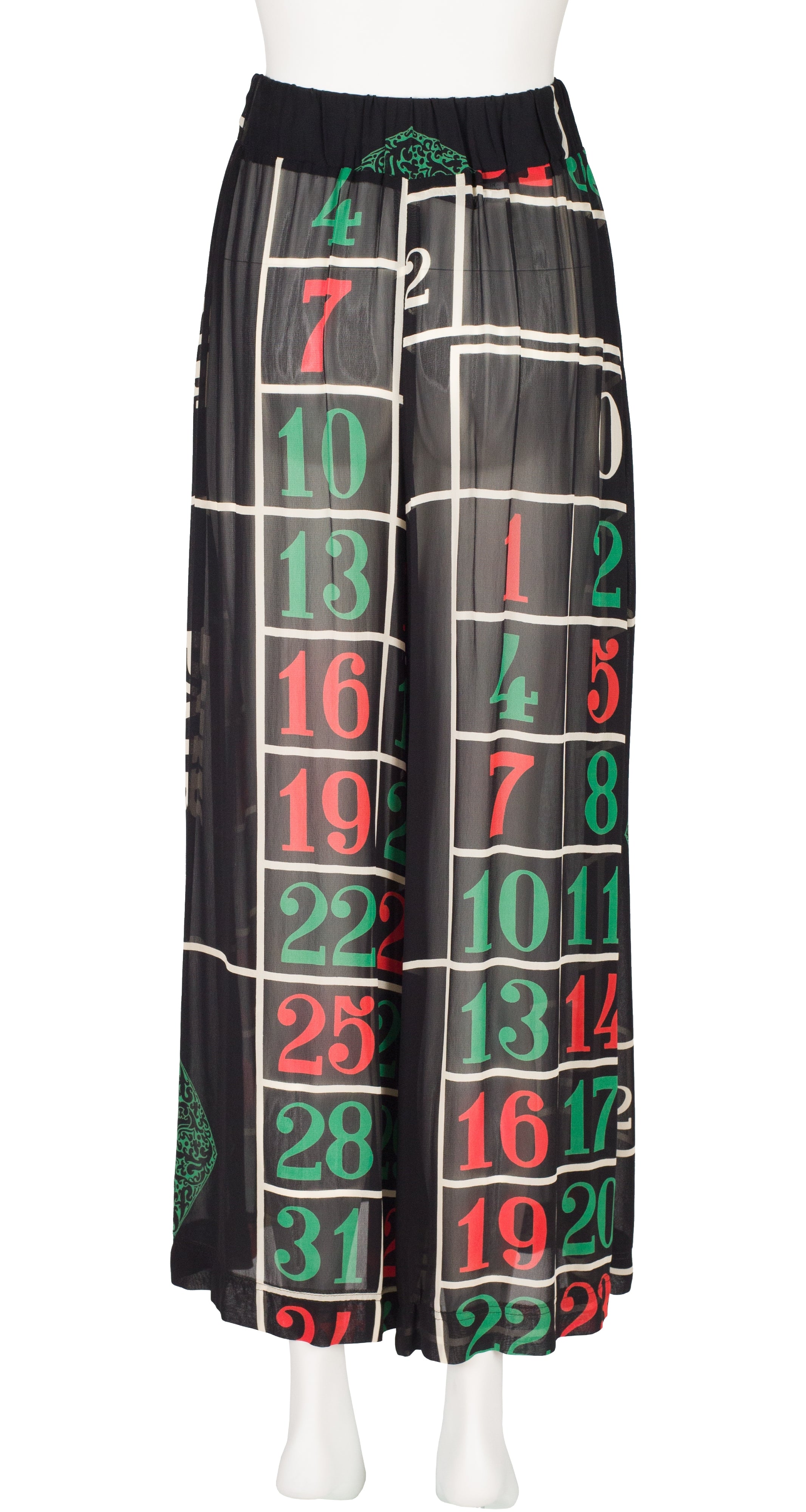 1990s Casino Novelty Print Black Chiffon Palazzo Pants