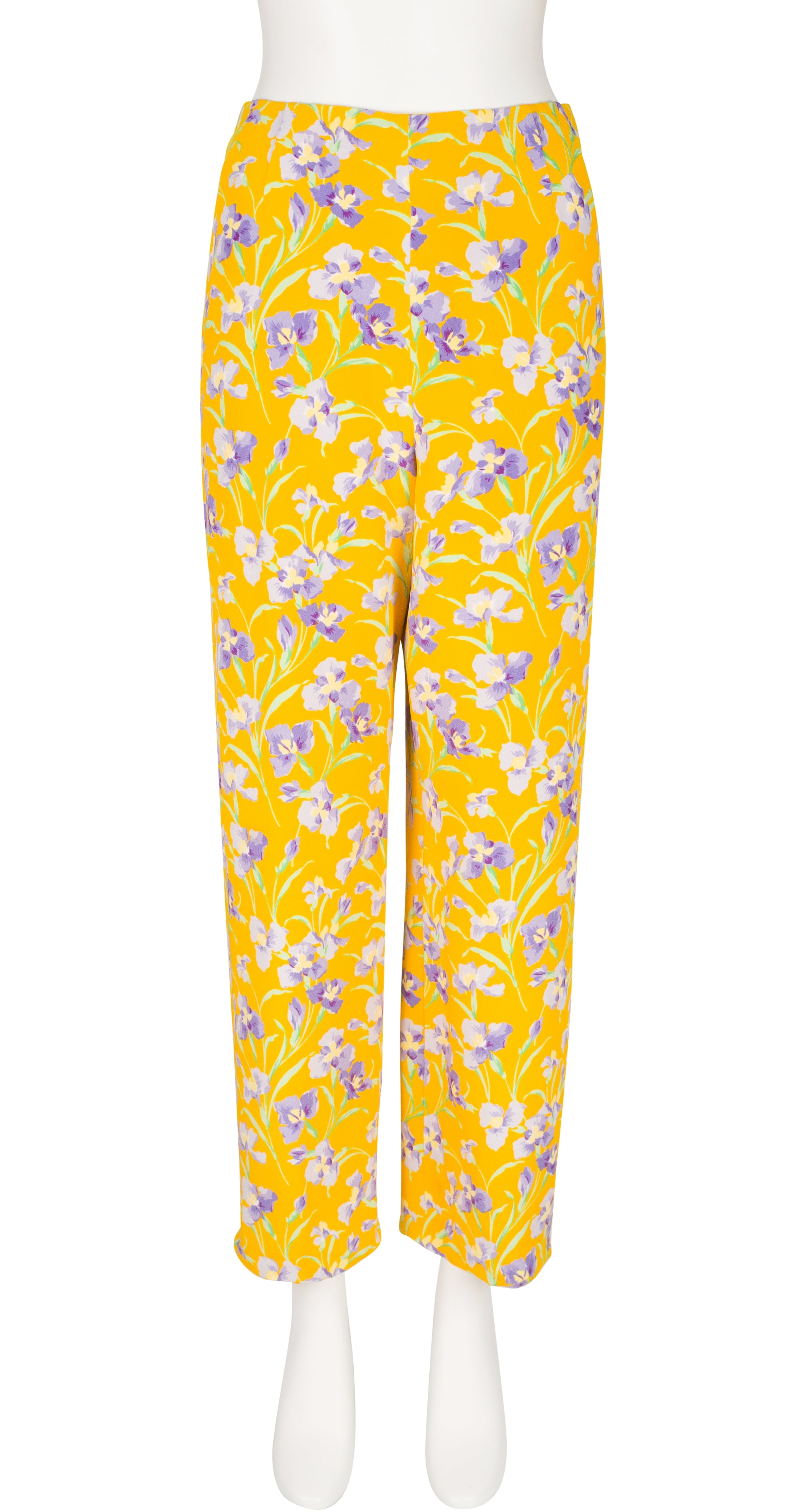 1990s Iris Print Yellow Silk Crepe Straight Leg Trousers