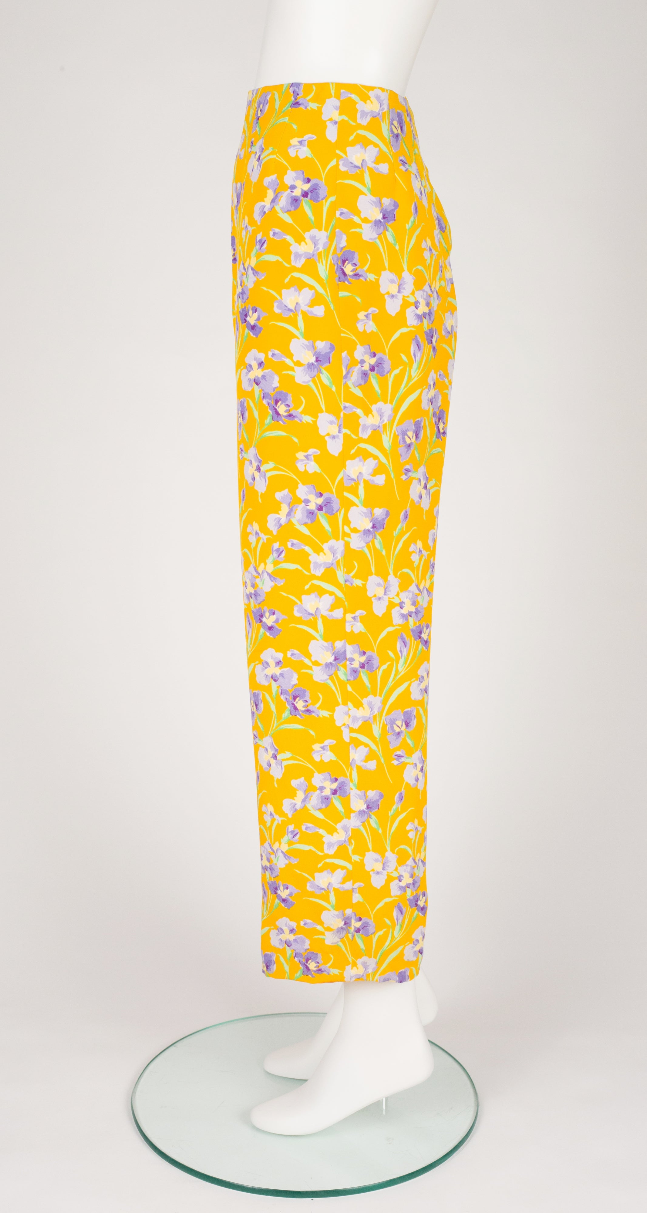 1990s Iris Print Yellow Silk Crepe Straight Leg Trousers