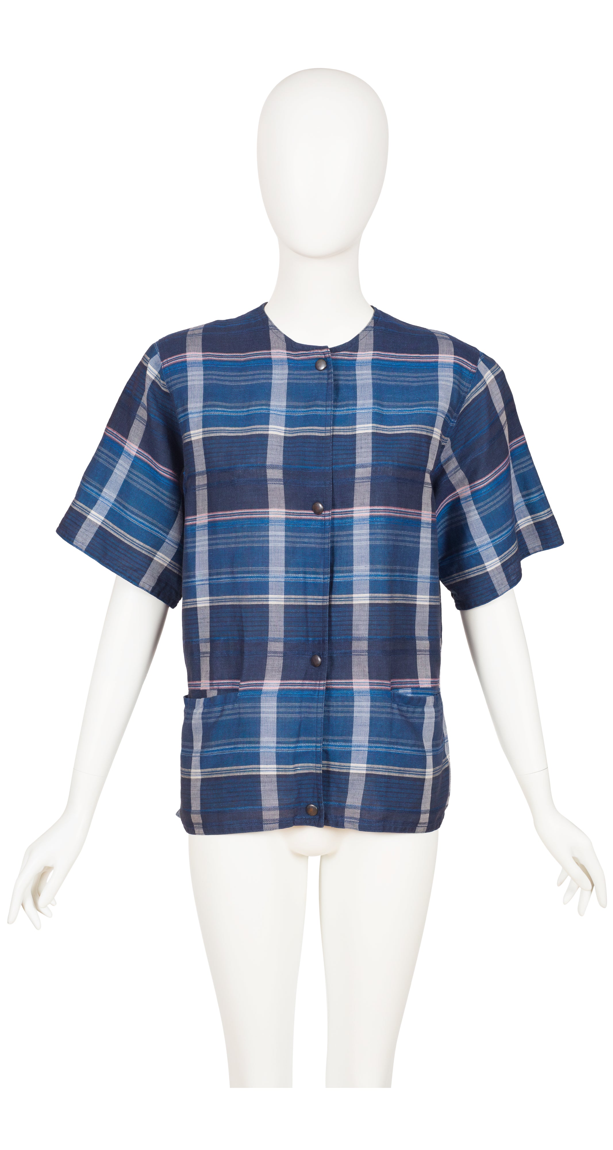 1980s Blue Plaid Linen Short Sleeve Top