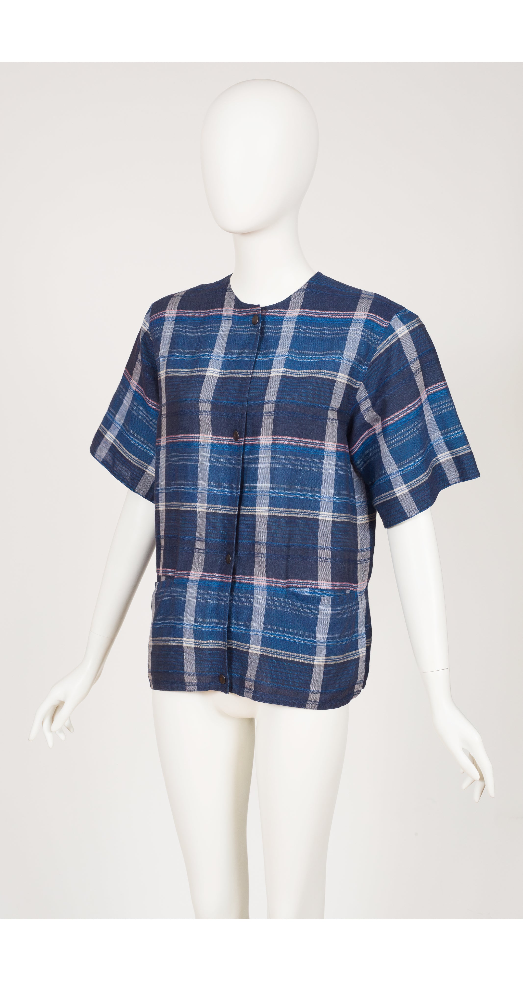 1980s Blue Plaid Linen Short Sleeve Top