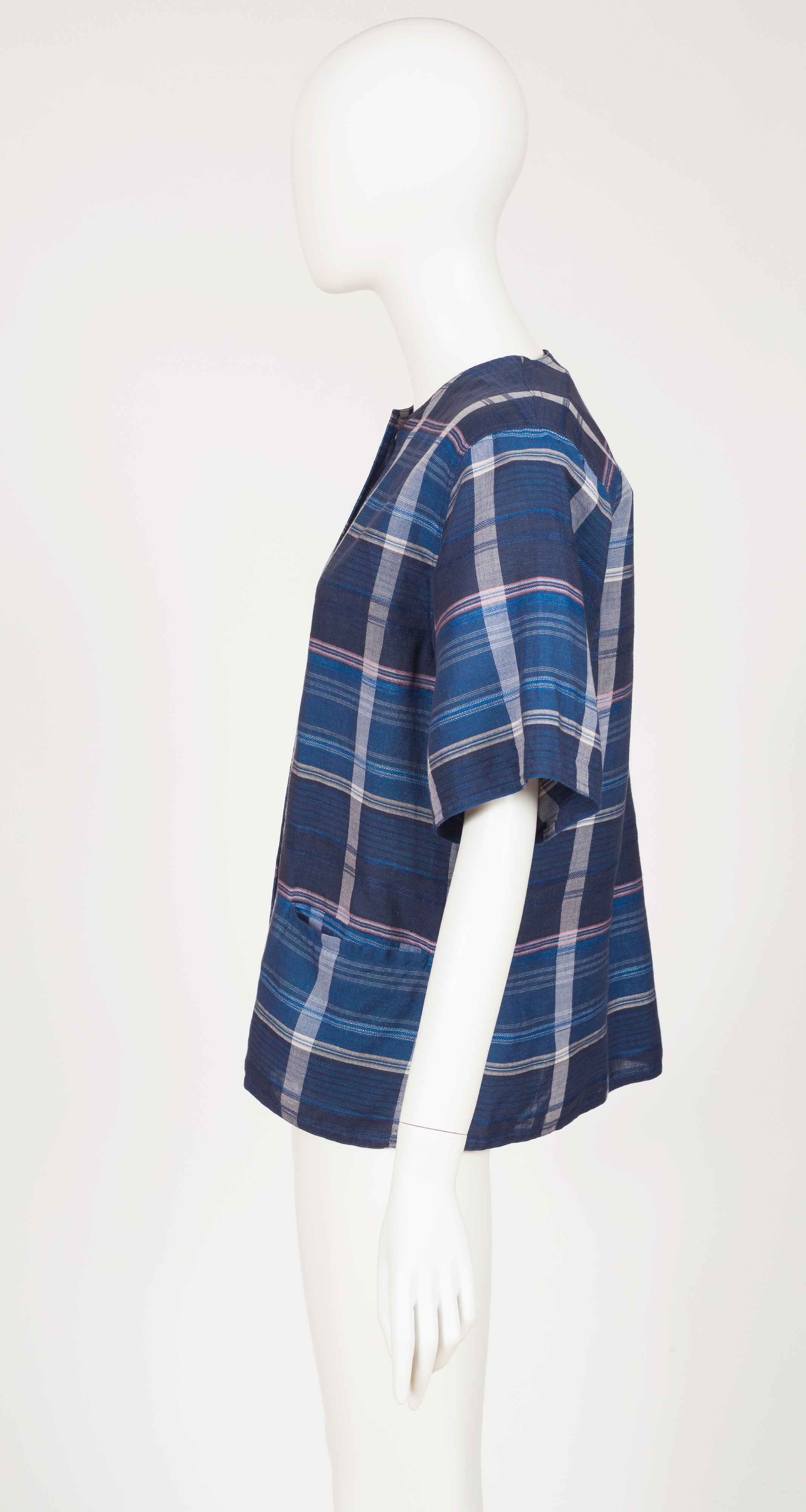 1980s Blue Plaid Linen Short Sleeve Top