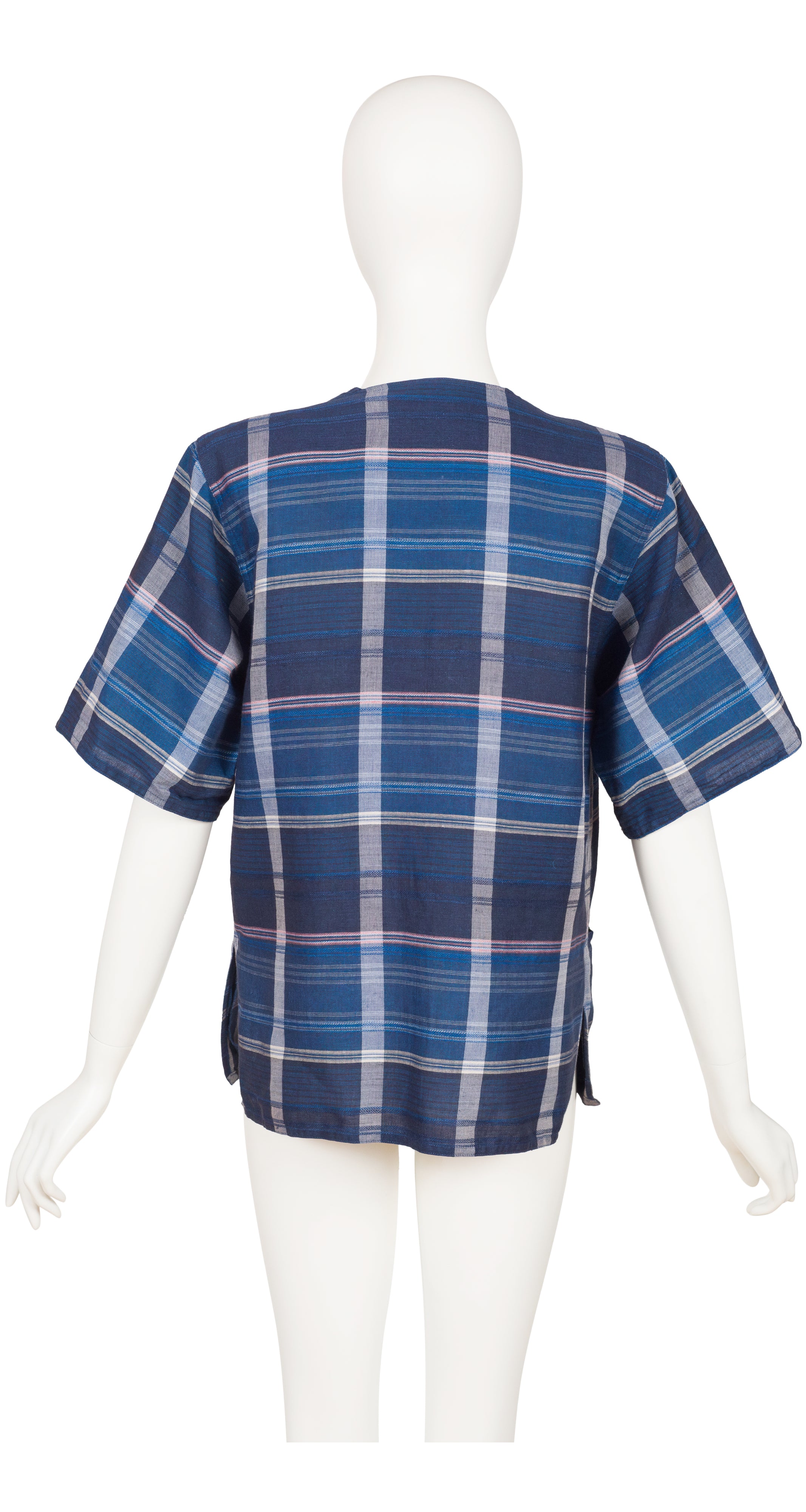 1980s Blue Plaid Linen Short Sleeve Top