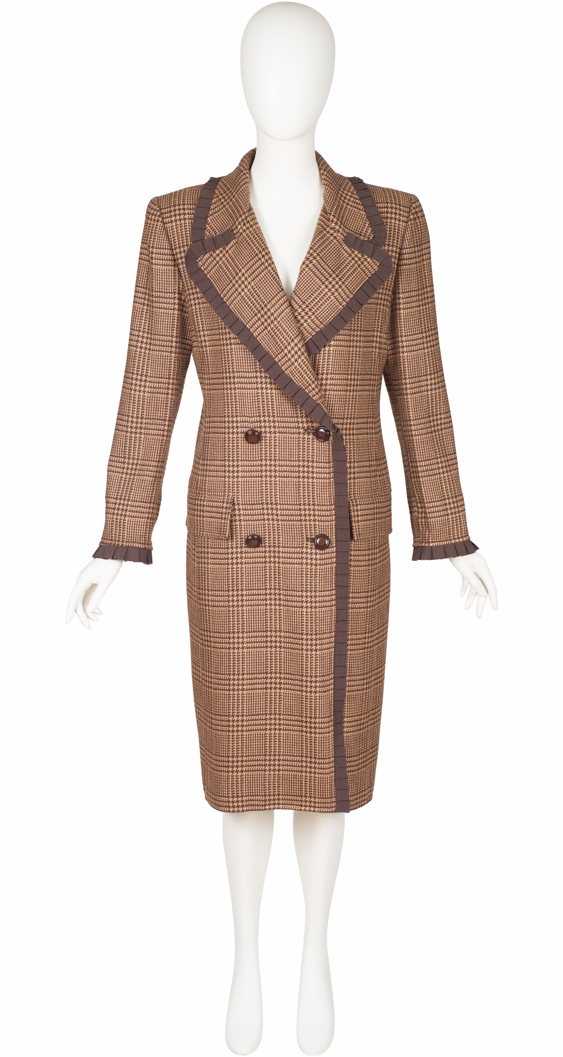 1990s Brown Houndstooth Wool Double-Breasted Coat