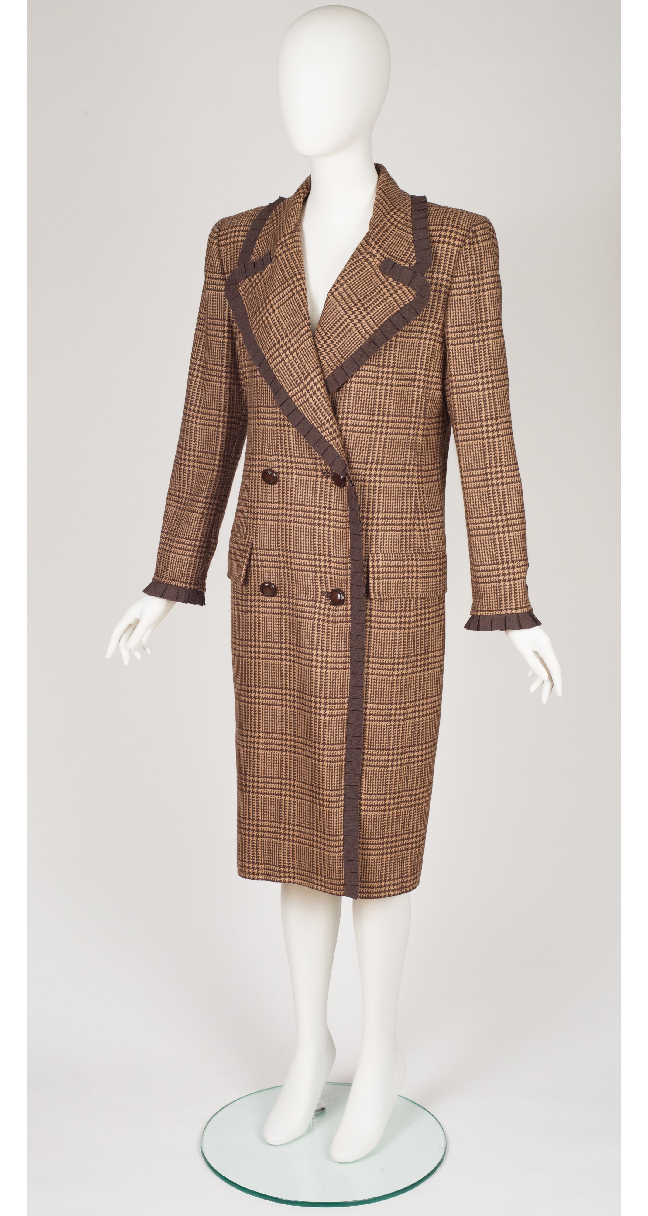1990s Brown Houndstooth Wool Double-Breasted Coat