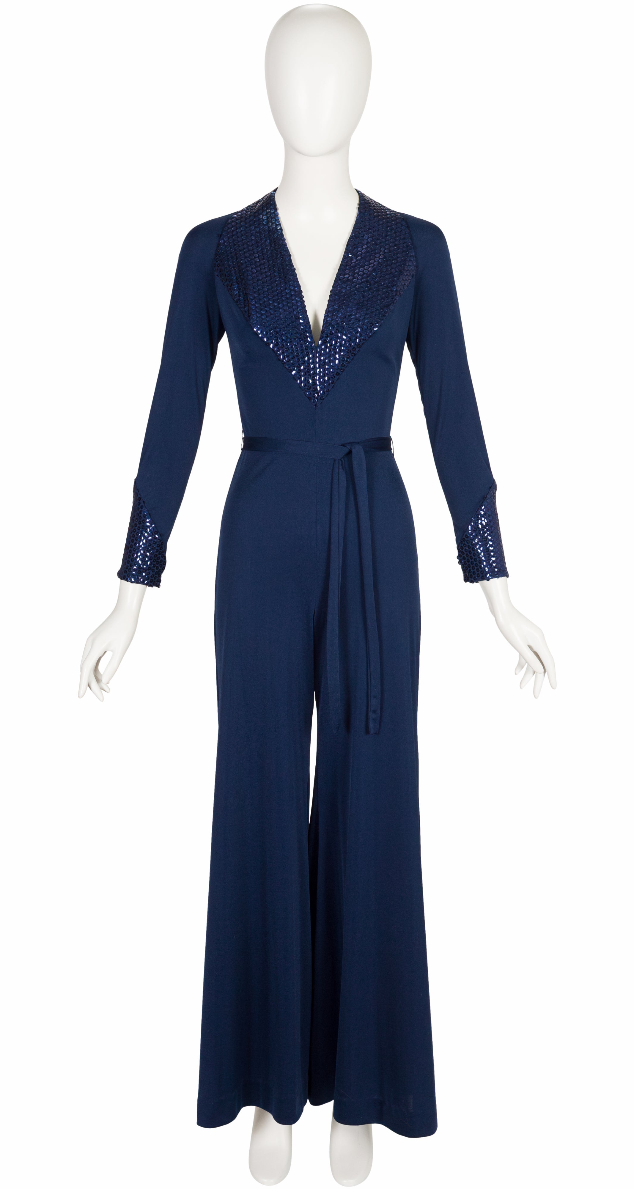 1970s Sequin Blue Jersey Plunge Neck Palazzo Jumpsuit