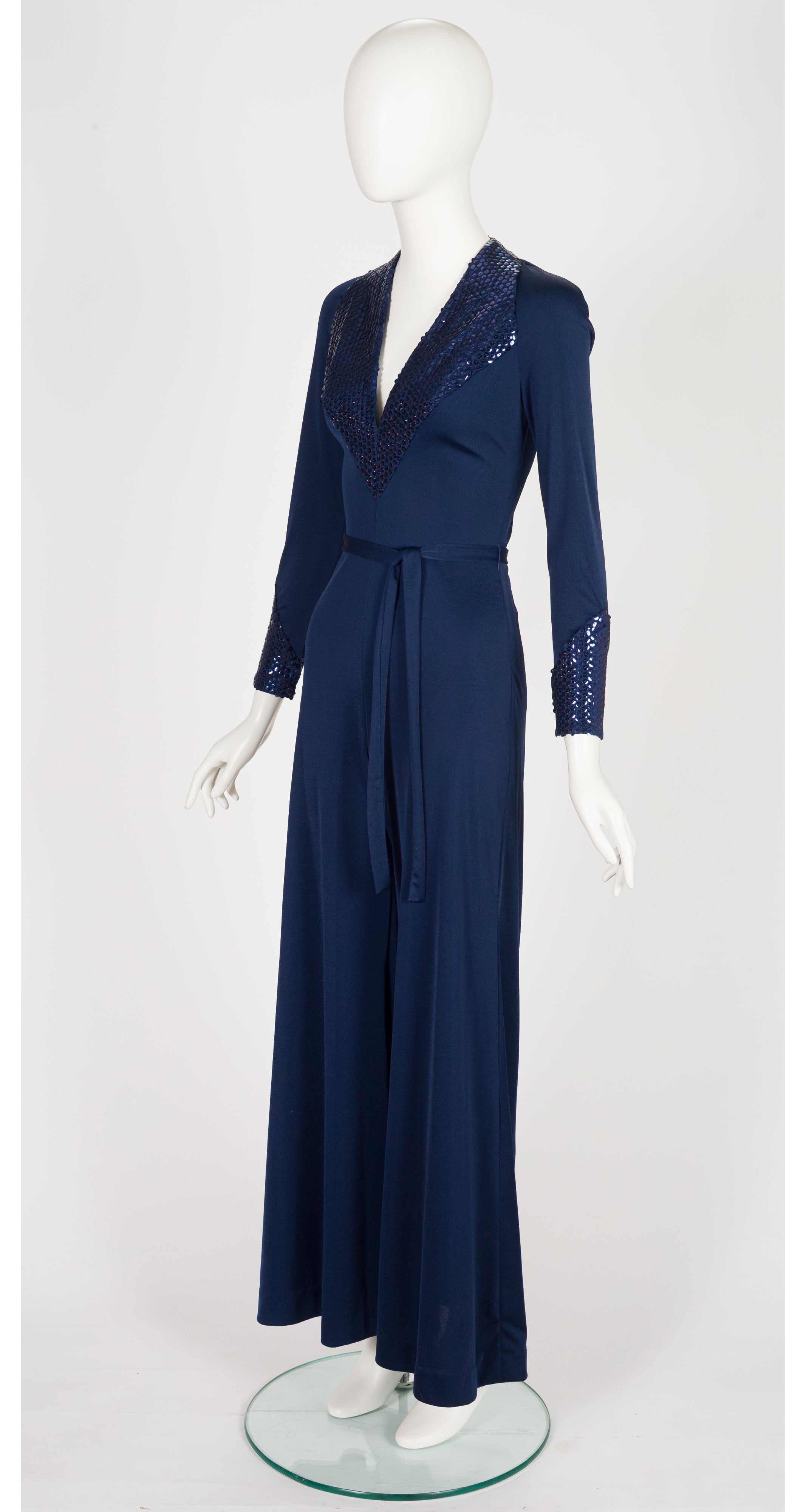 1970s Sequin Blue Jersey Plunge Neck Palazzo Jumpsuit
