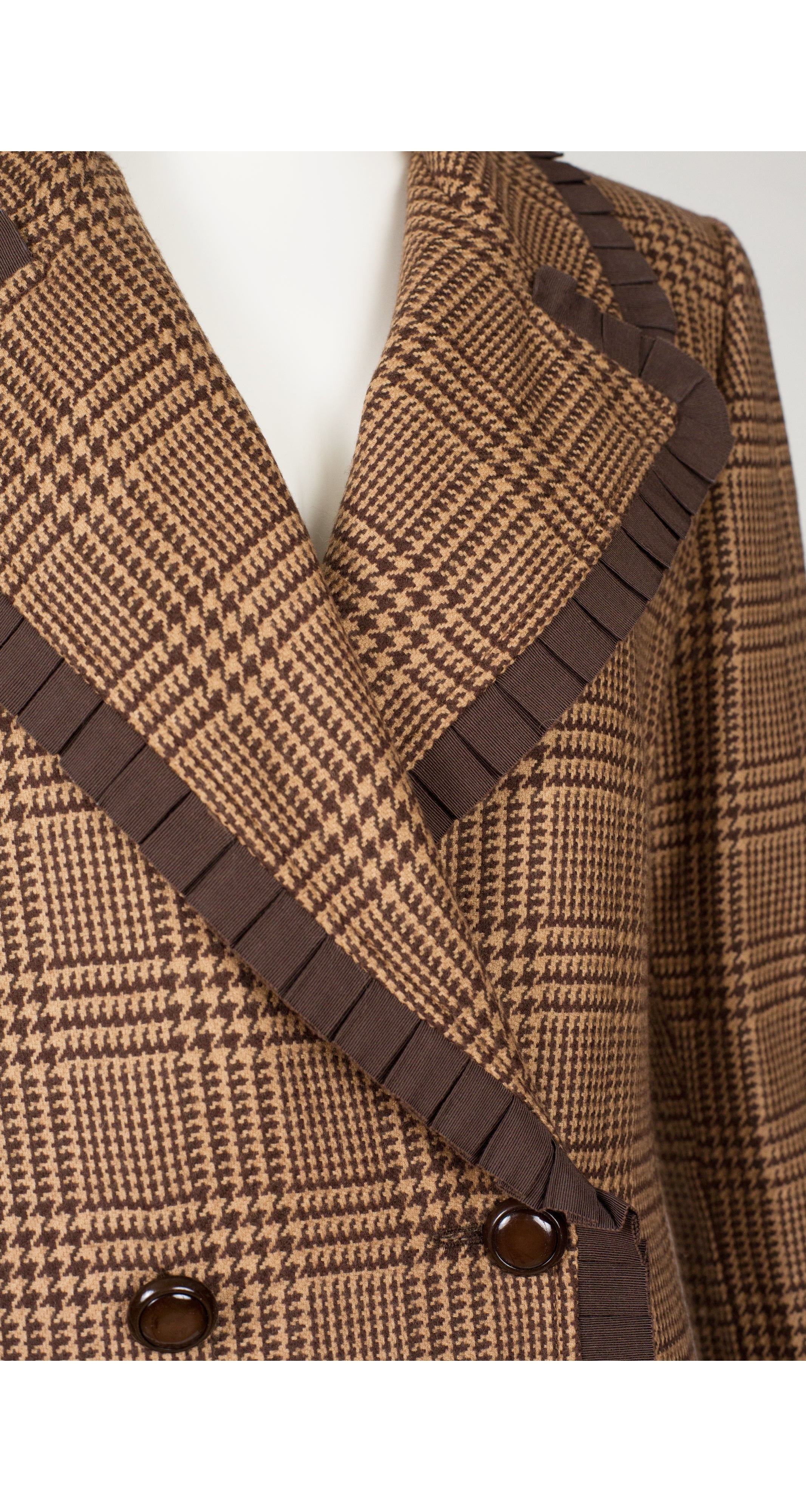 1990s Brown Houndstooth Wool Double-Breasted Coat