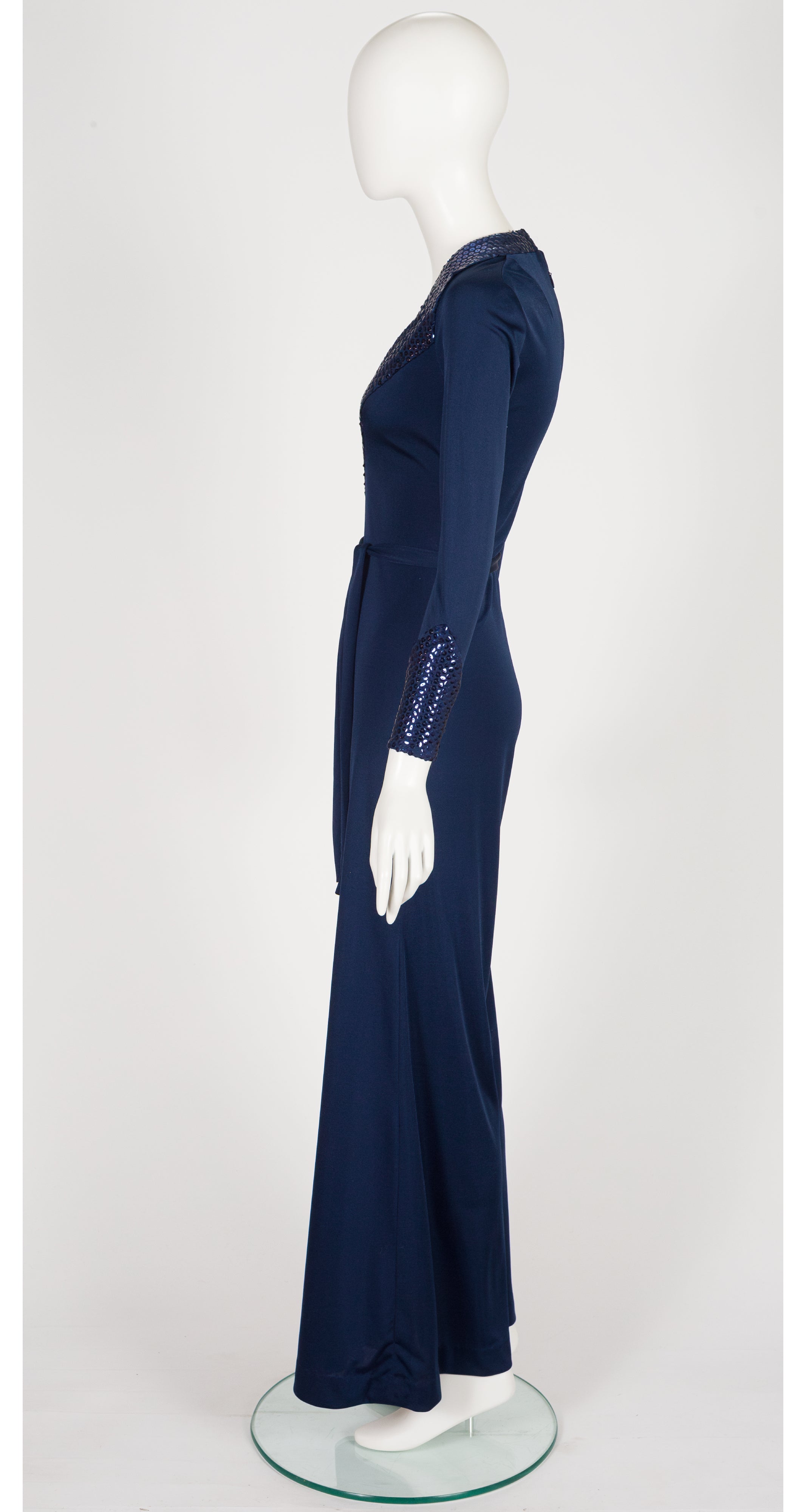 1970s Sequin Blue Jersey Plunge Neck Palazzo Jumpsuit