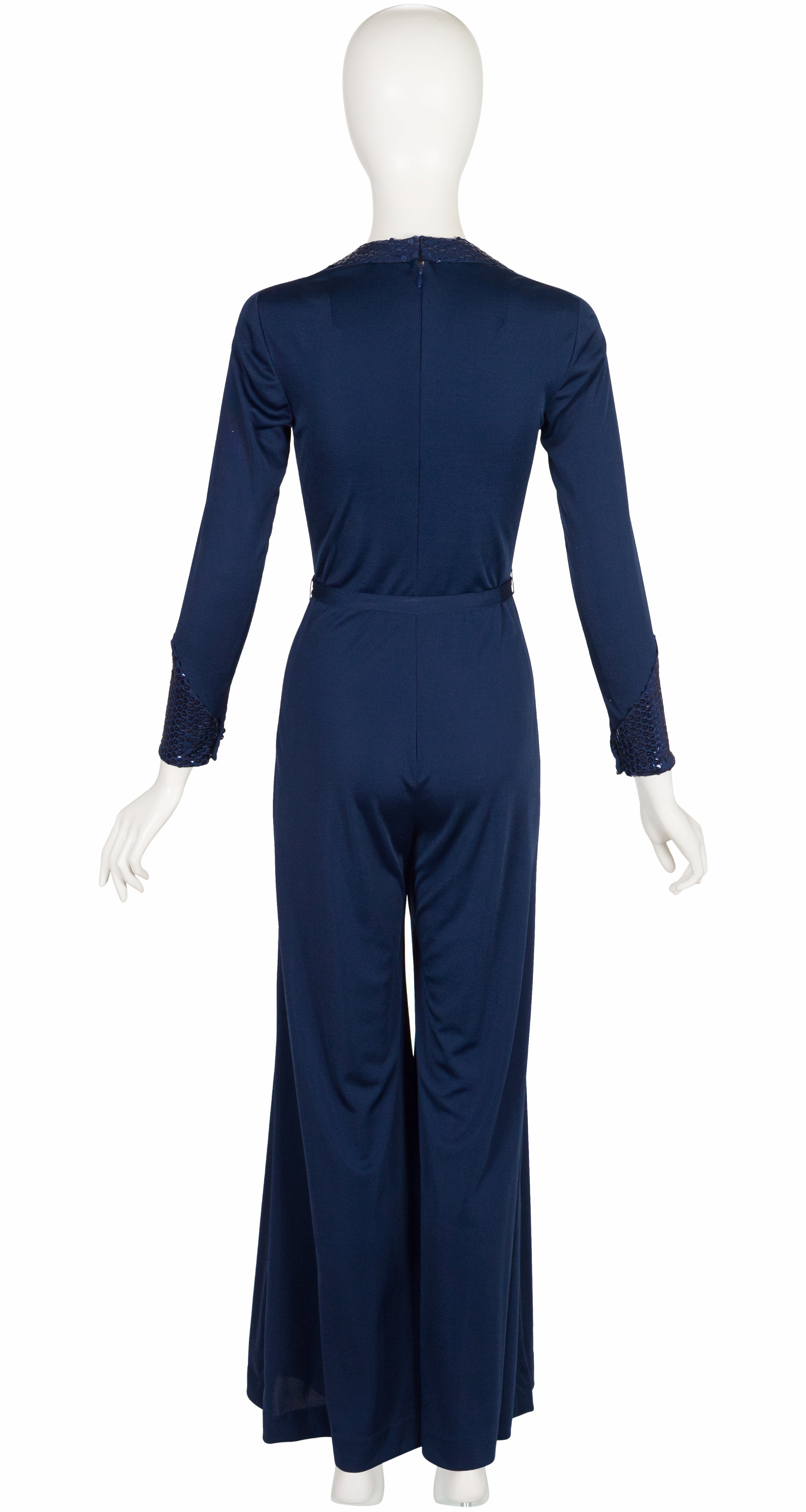 1970s Sequin Blue Jersey Plunge Neck Palazzo Jumpsuit