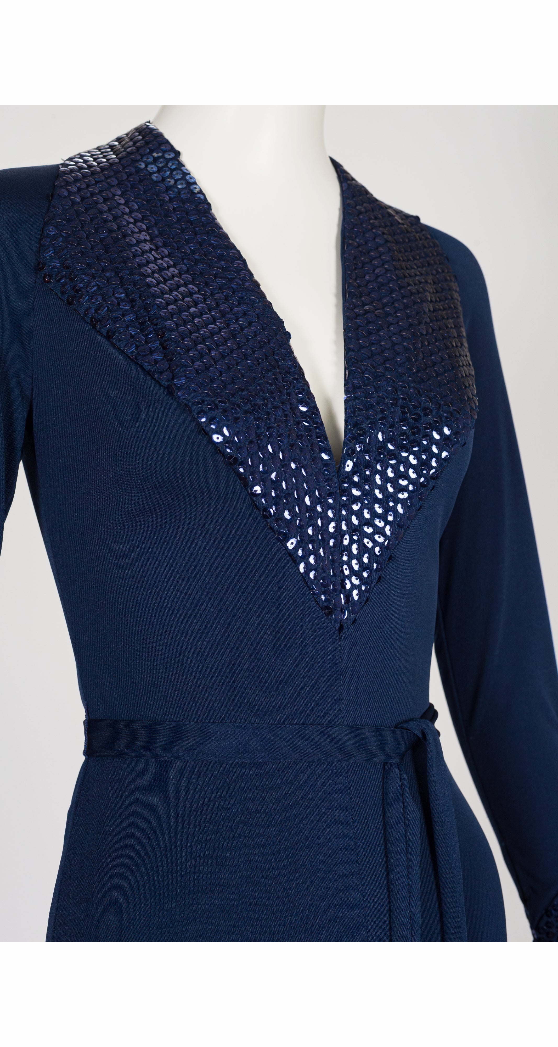 1970s Sequin Blue Jersey Plunge Neck Palazzo Jumpsuit