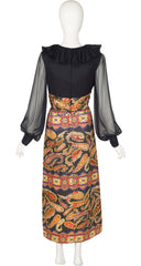 1970s Black Chiffon & Quilted Paisley Gown