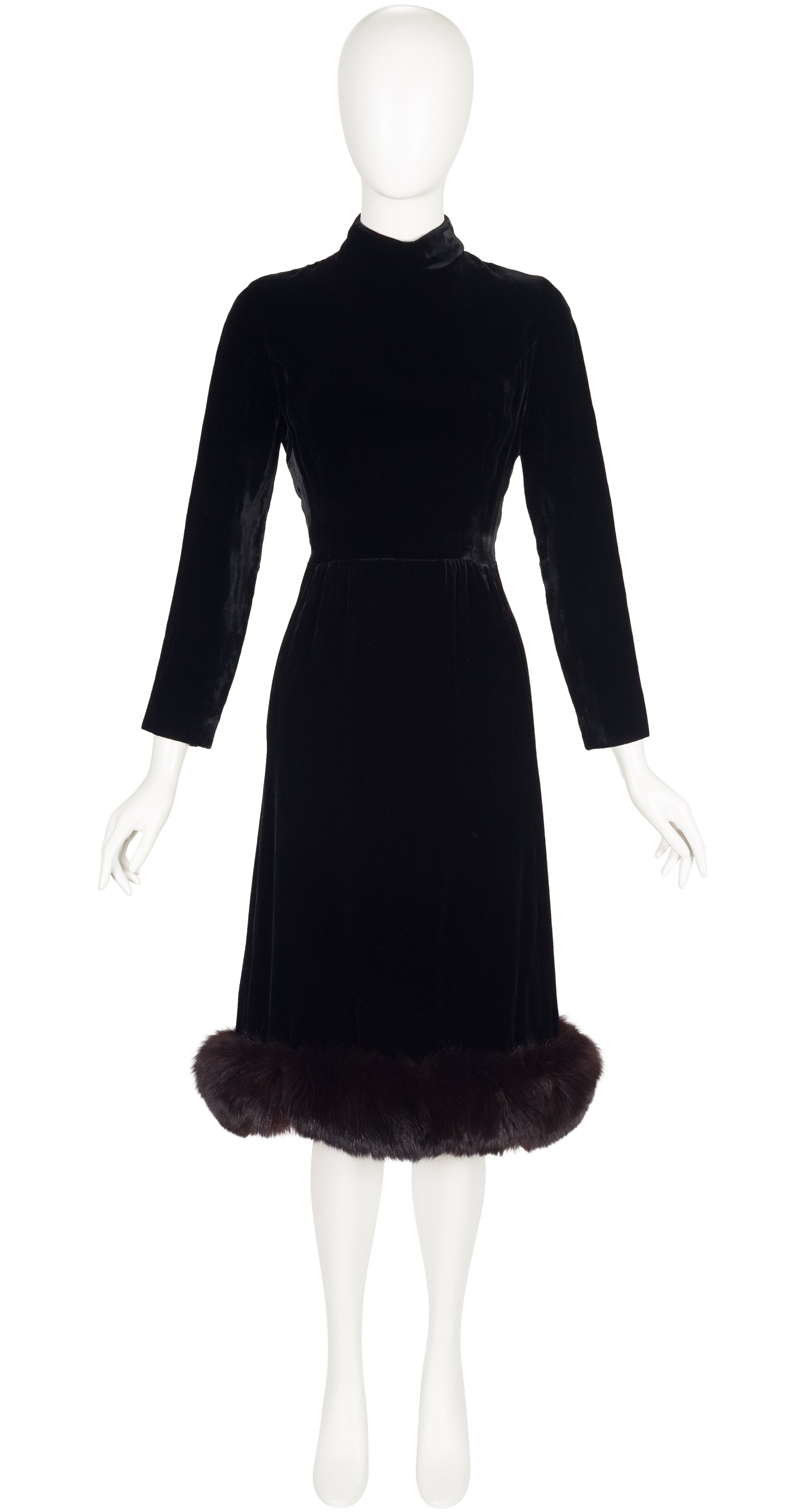 1960s Black Velvet Fur Trim Evening Dress