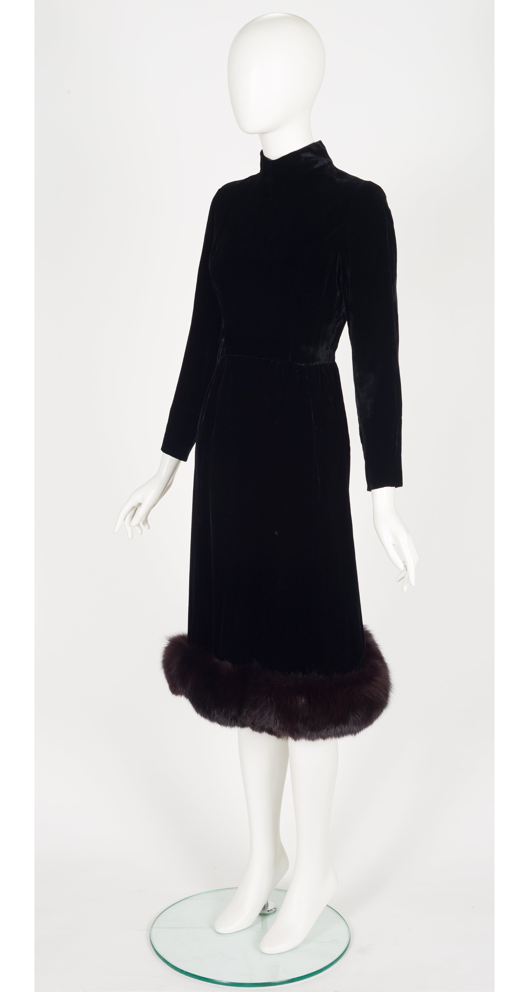 1960s Black Velvet Fur Trim Evening Dress