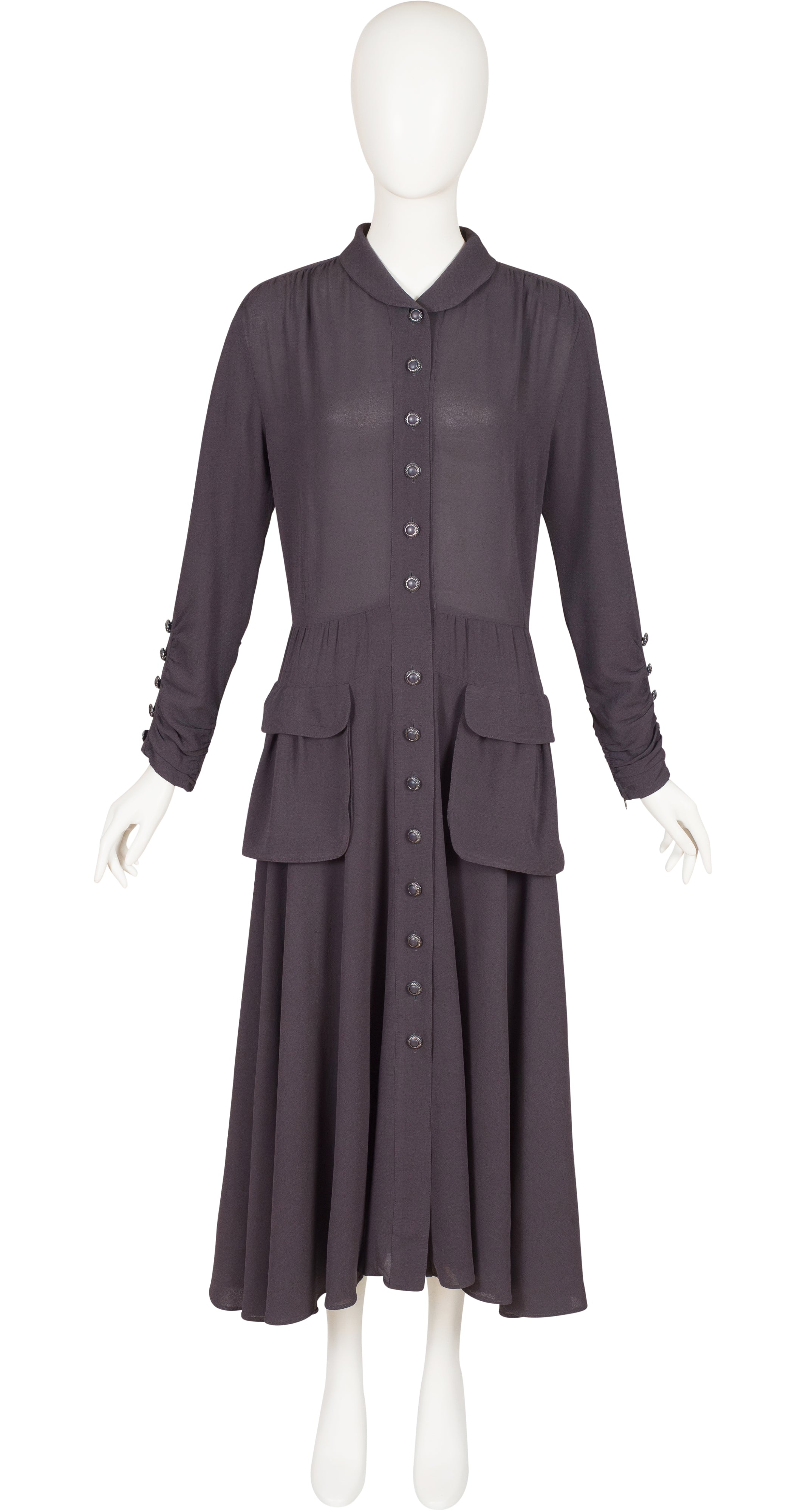 1980s Gray Wool Crepe Button-Up Dress