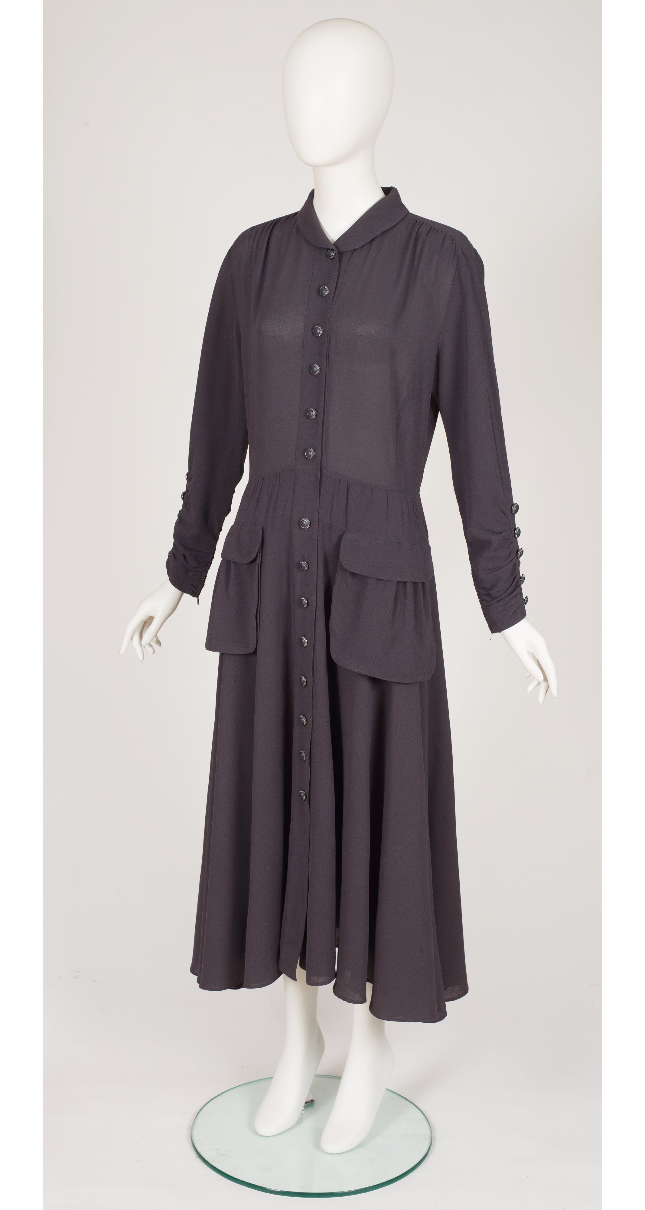 1980s Gray Wool Crepe Button-Up Dress