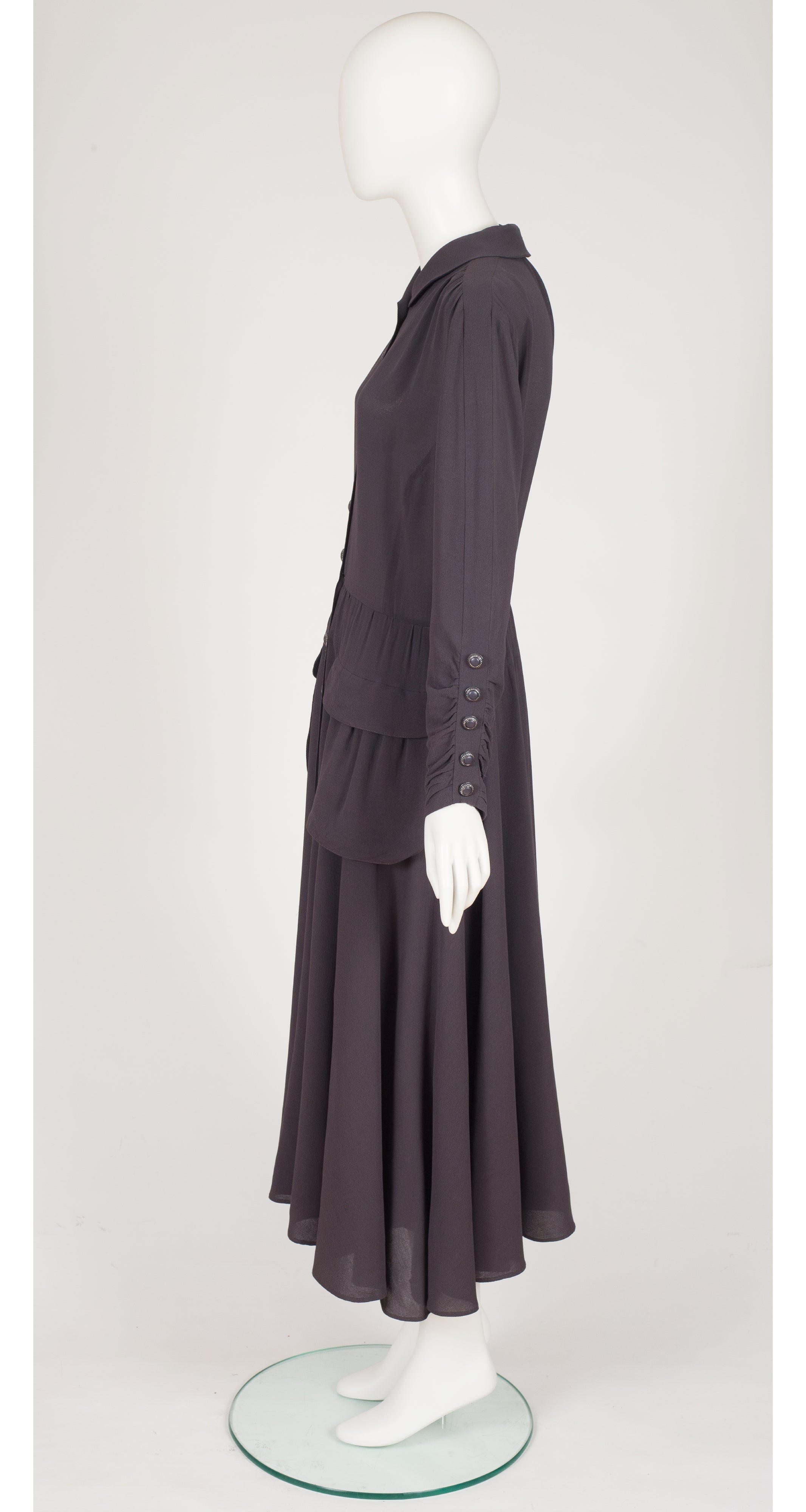 1980s Gray Wool Crepe Button-Up Dress