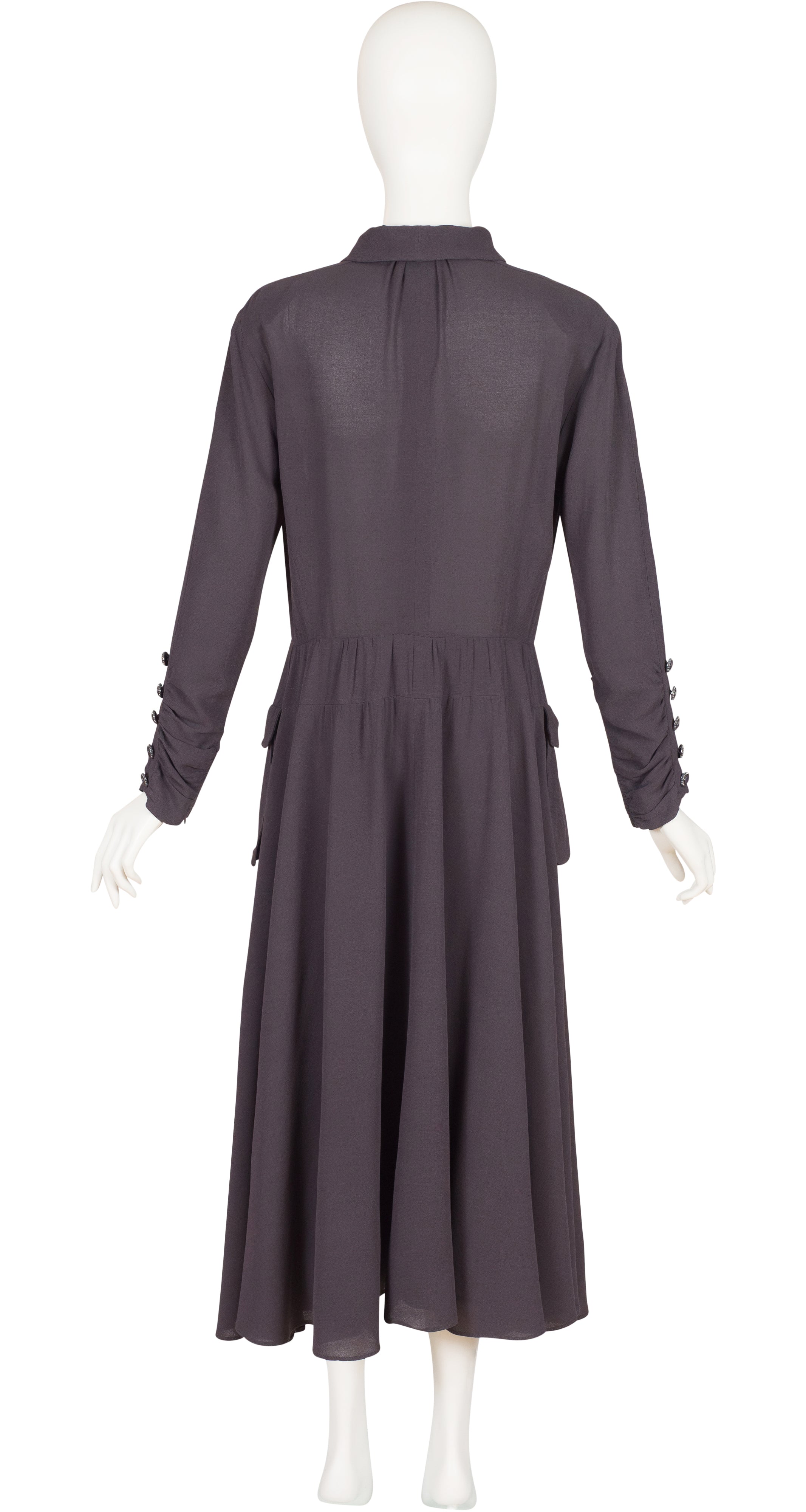 1980s Gray Wool Crepe Button-Up Dress