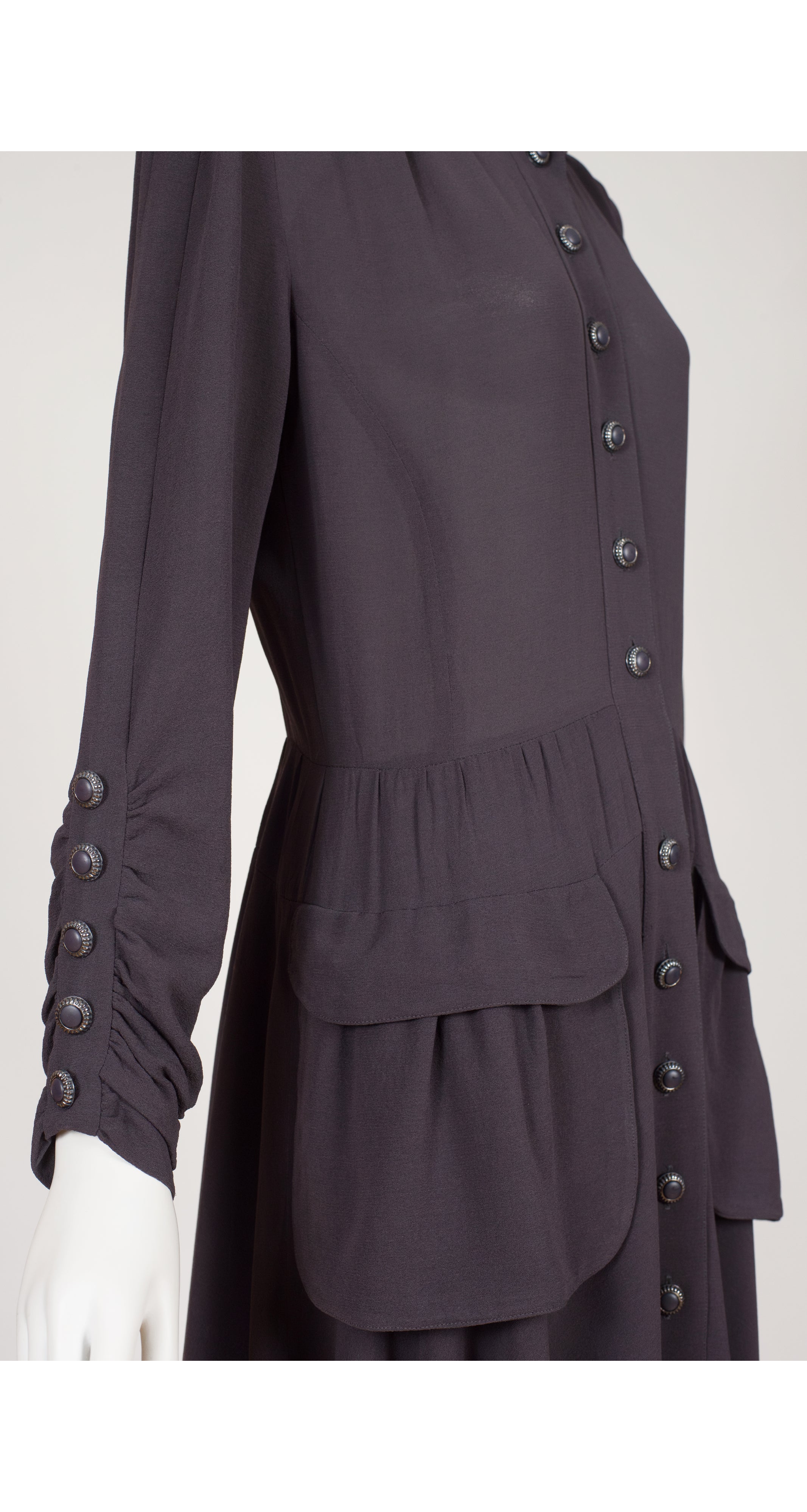 1980s Gray Wool Crepe Button-Up Dress