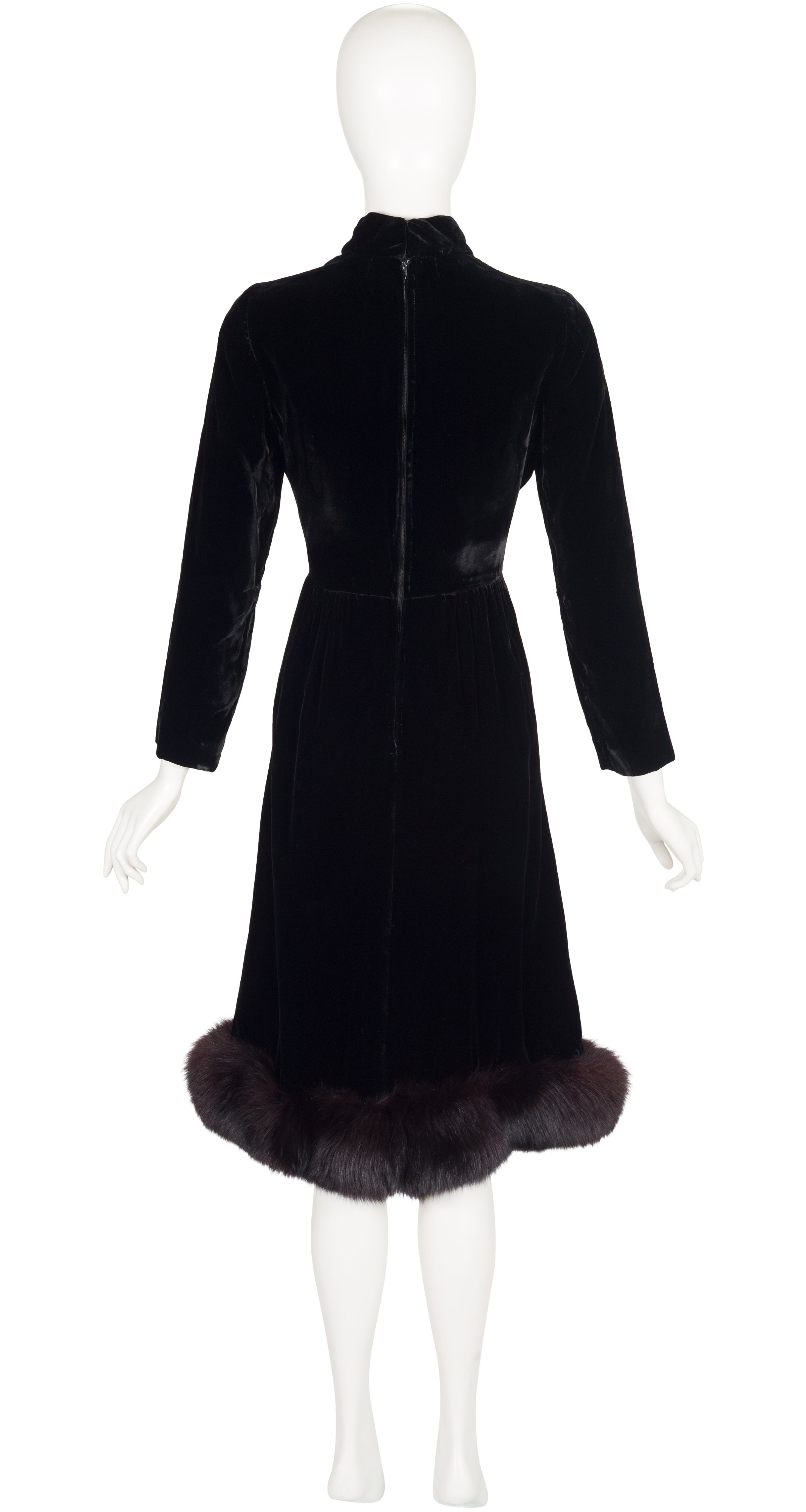 1960s Black Velvet Fur Trim Evening Dress