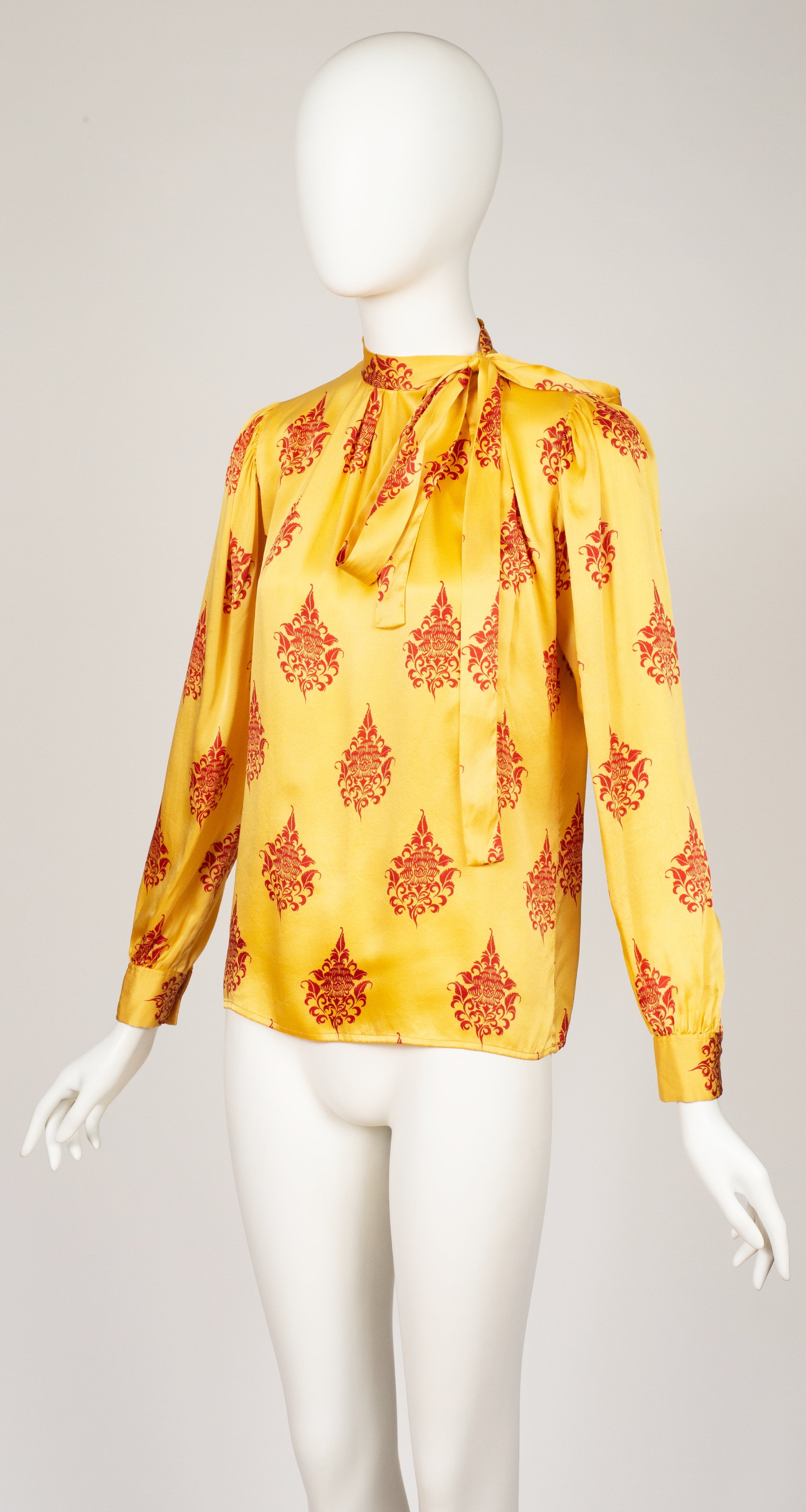 1970s Yellow & Red Silk Tie-Neck Long Sleeve Blouse