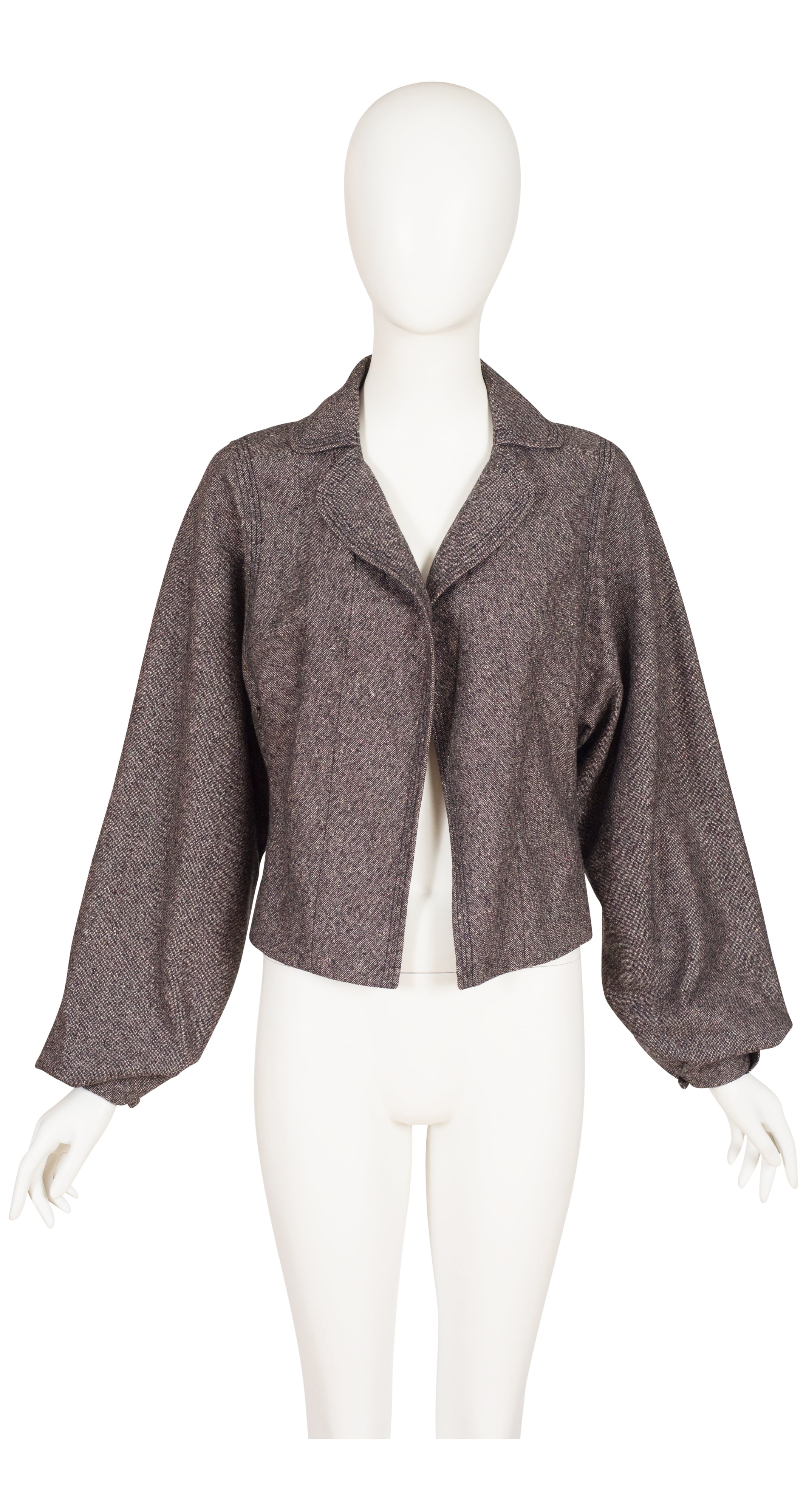 1990s Brown Silk & Wool Tweed Balloon Sleeve Jacket