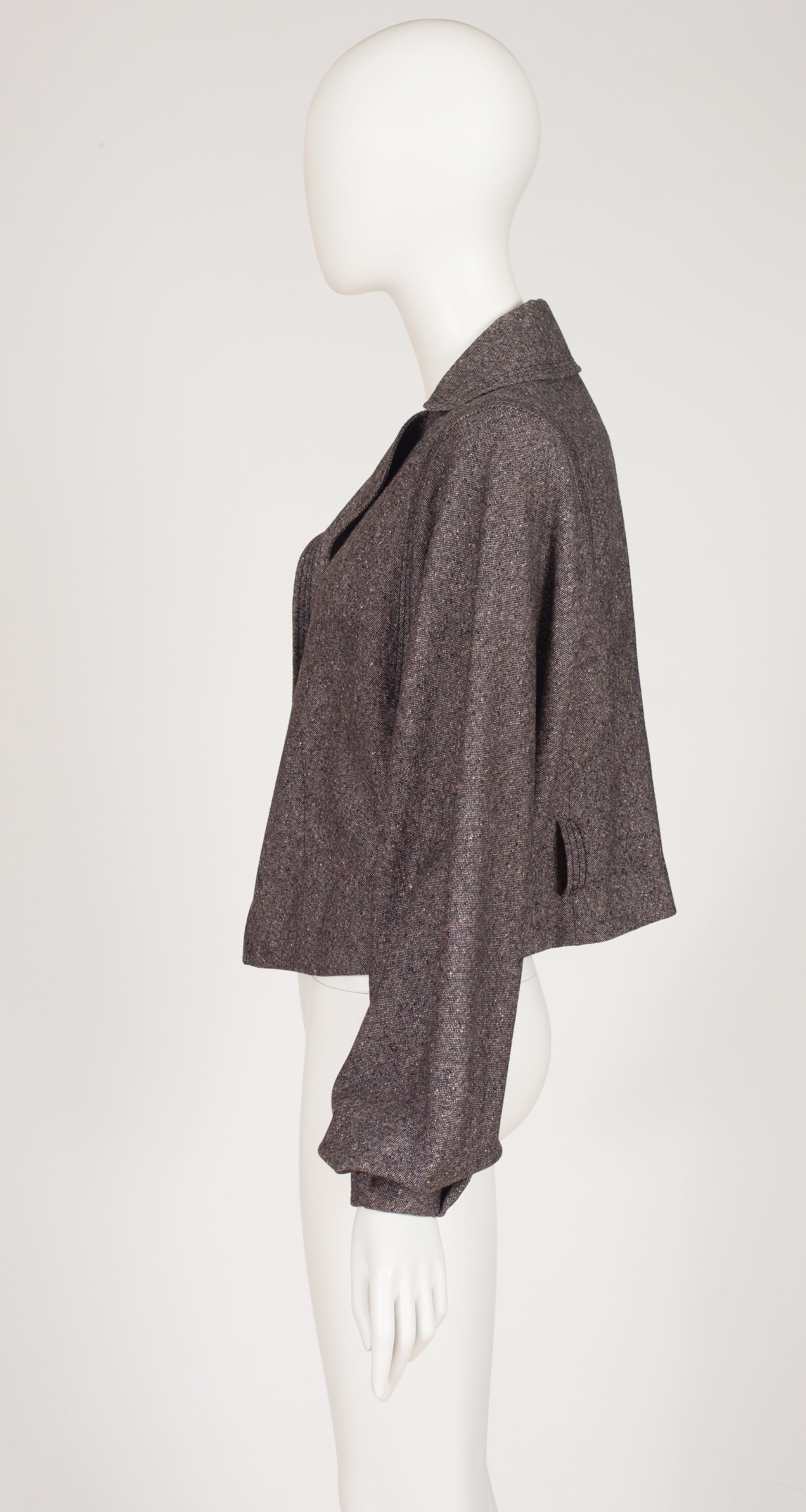 1990s Brown Silk & Wool Tweed Balloon Sleeve Jacket