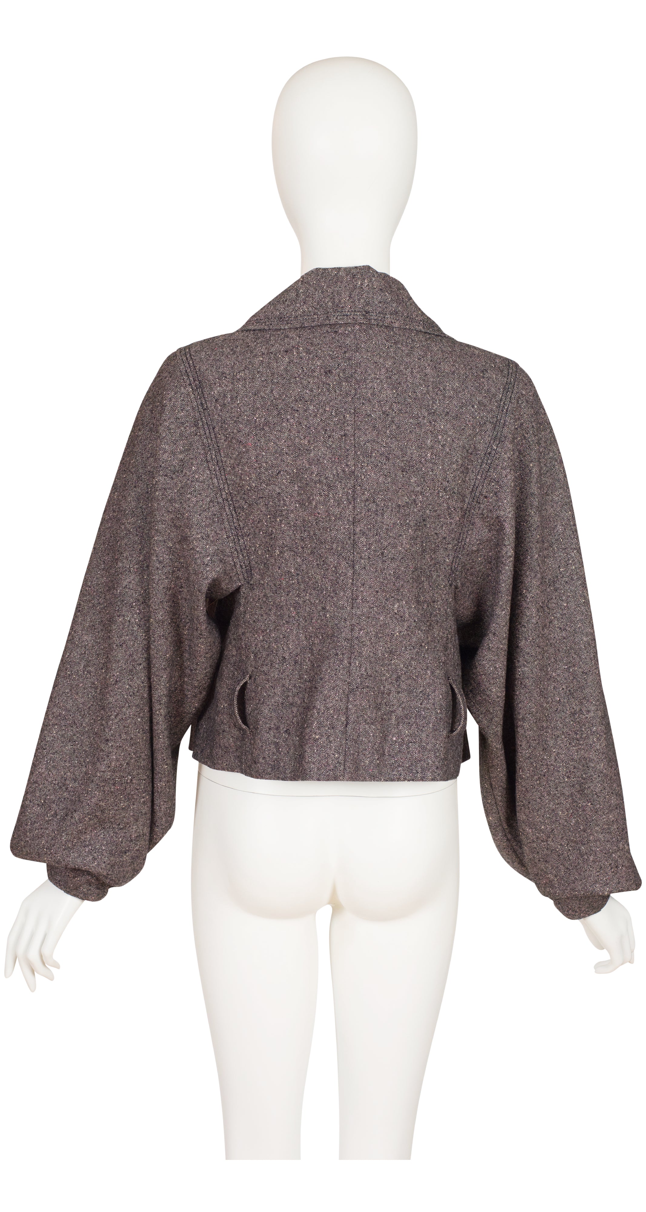 1990s Brown Silk & Wool Tweed Balloon Sleeve Jacket