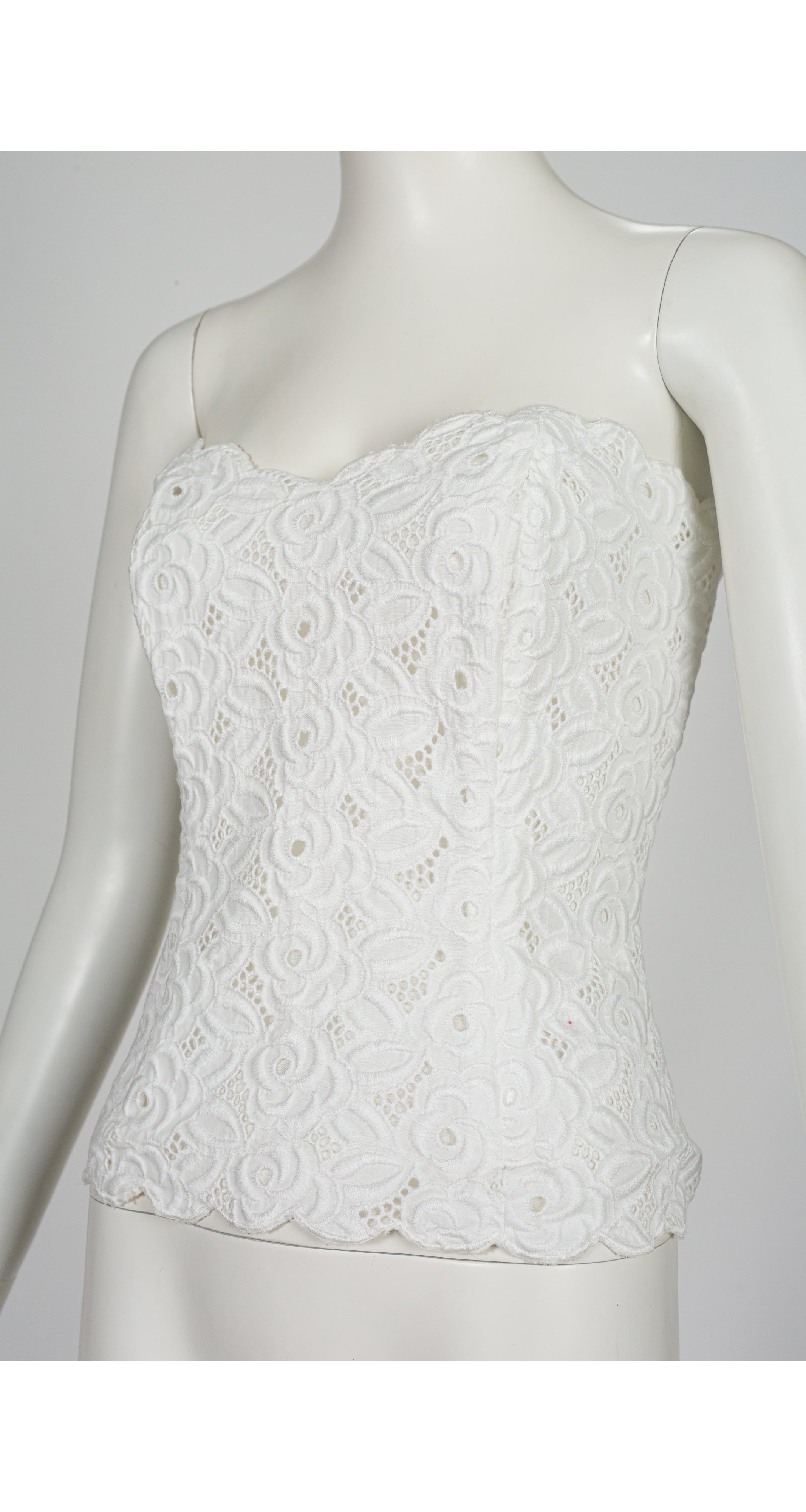 1980s White Floral Eyelet Cotton Bustier Top