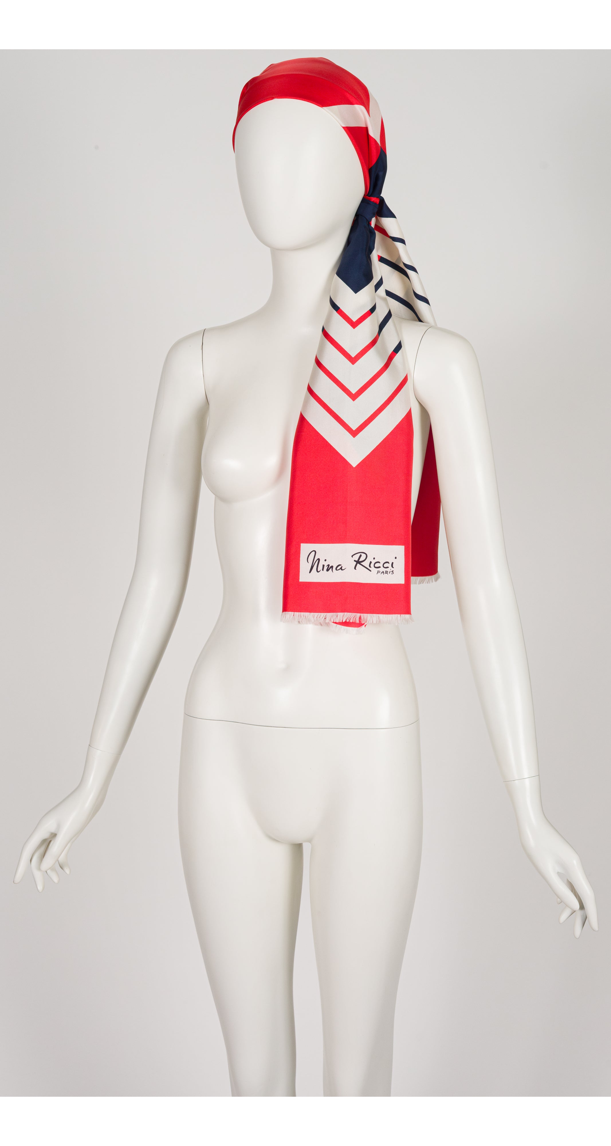 Nina Ricci 1960s Chevron Red & Navy Silk Twill Long Scarf