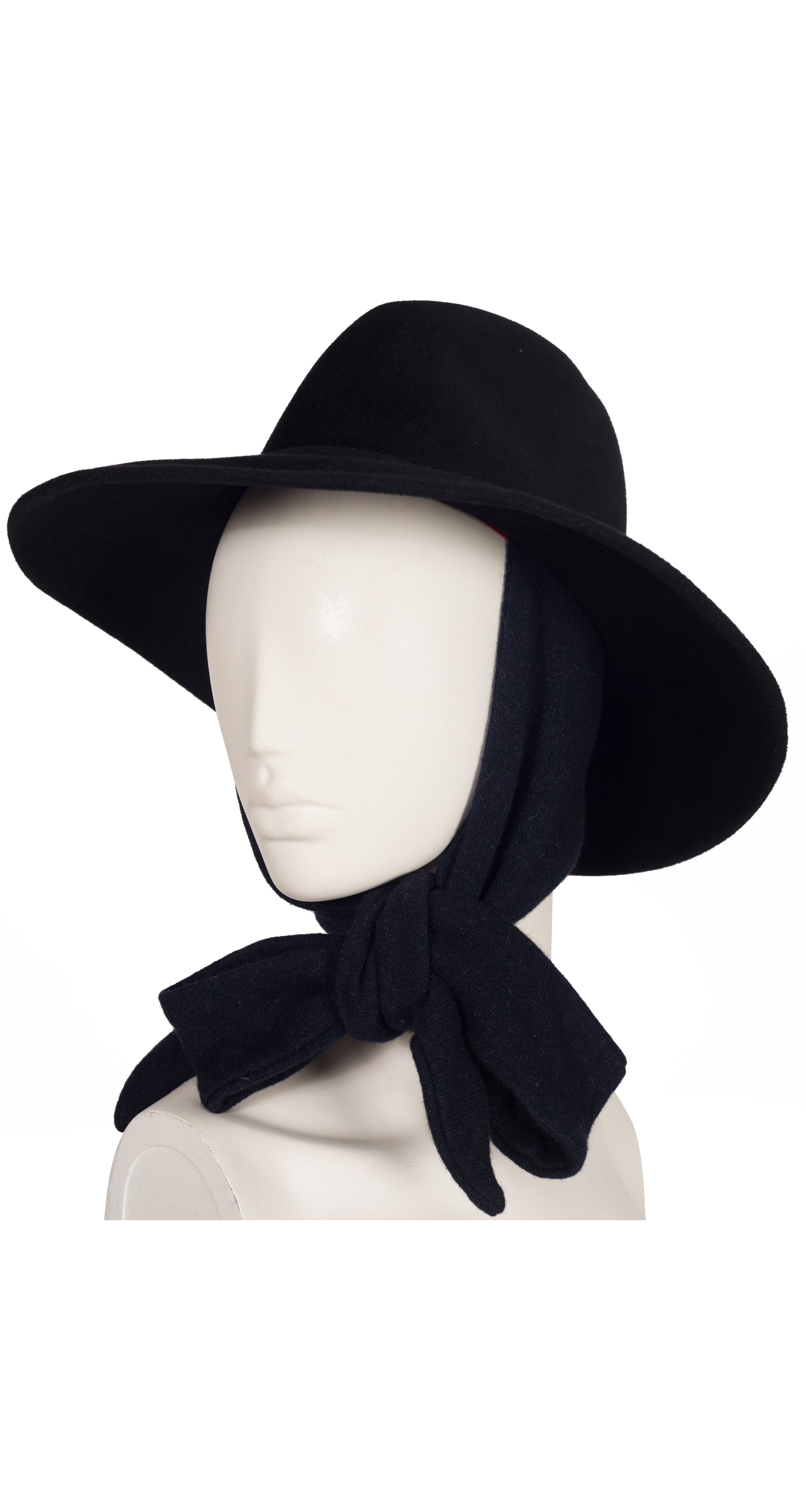 1970s Black Wool Felt Wide Brim Scarf Hat