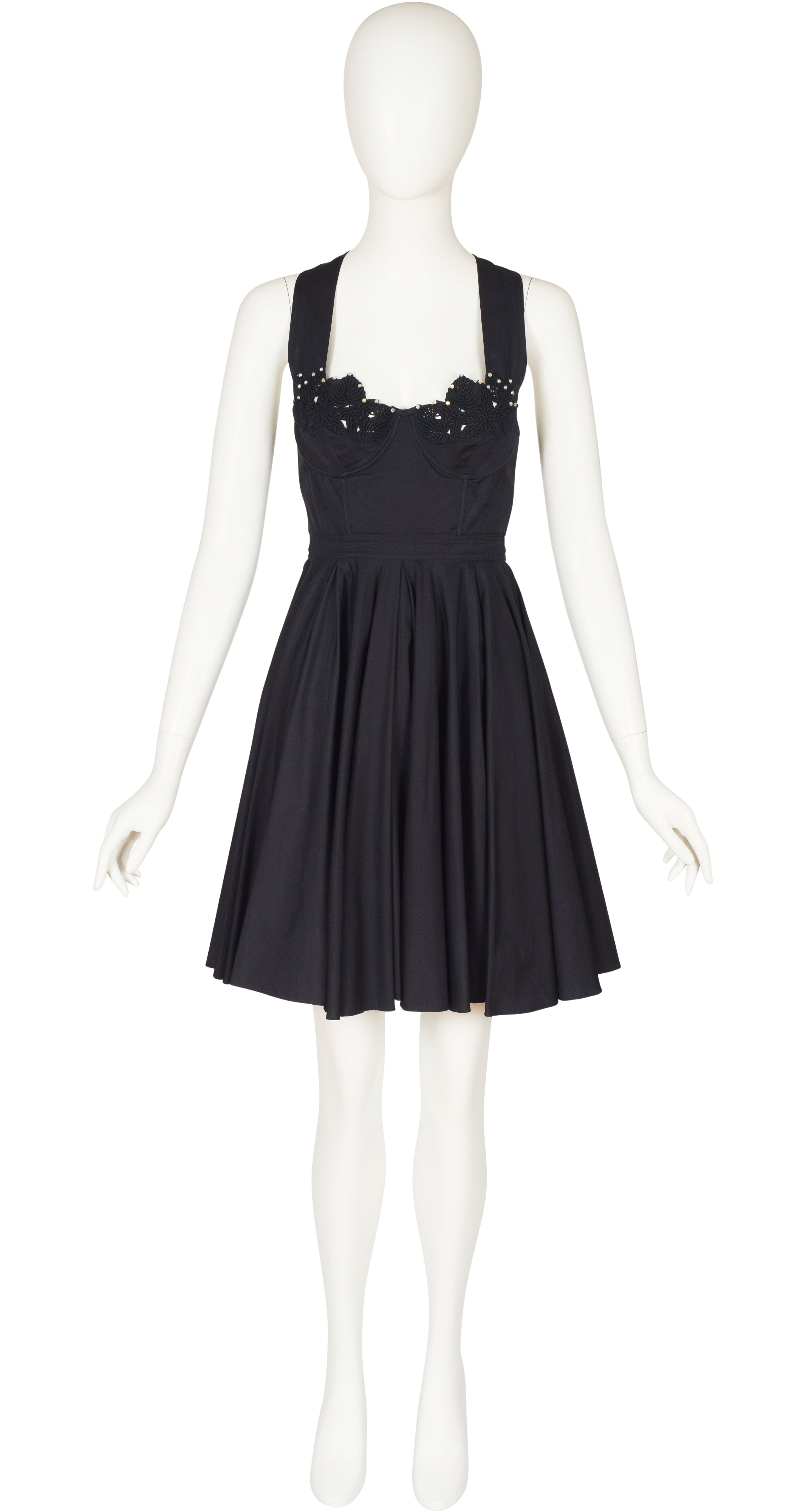 1991 S/S Leaf Bustier Black Cotton Party Dress