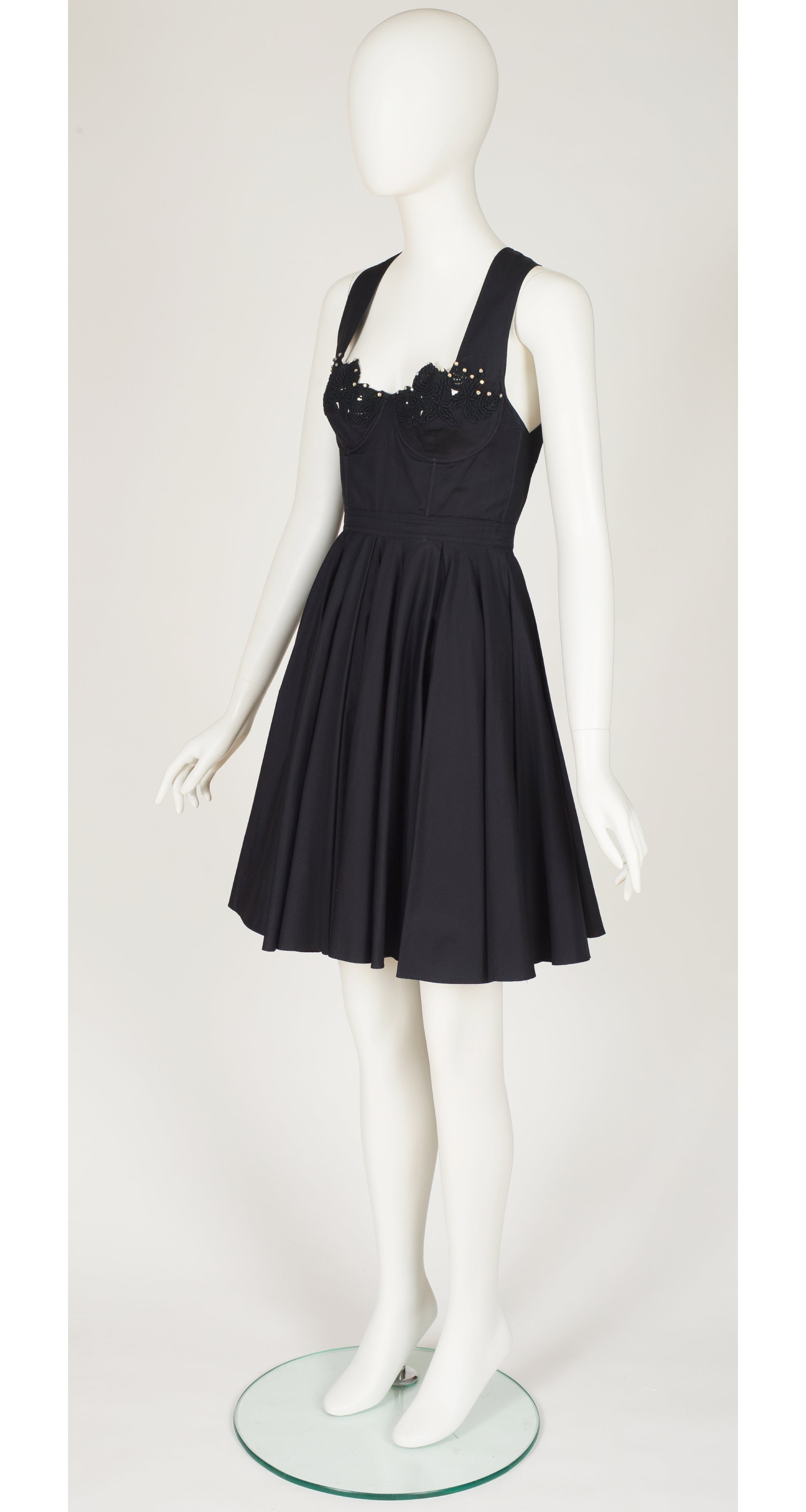 1991 S/S Leaf Bustier Black Cotton Party Dress