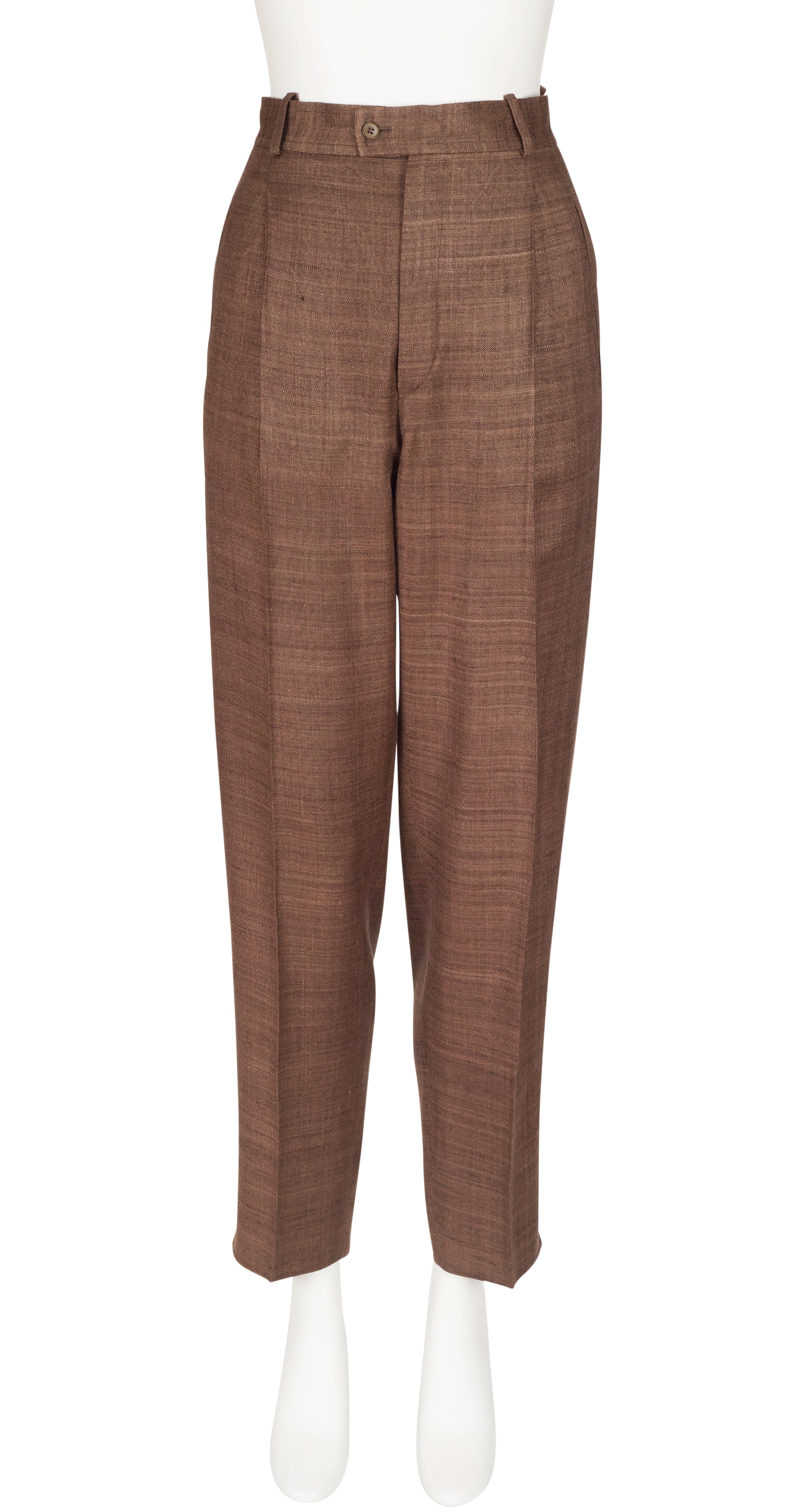 1990s Silk & Linen Brown Fur Collared Pant Suit